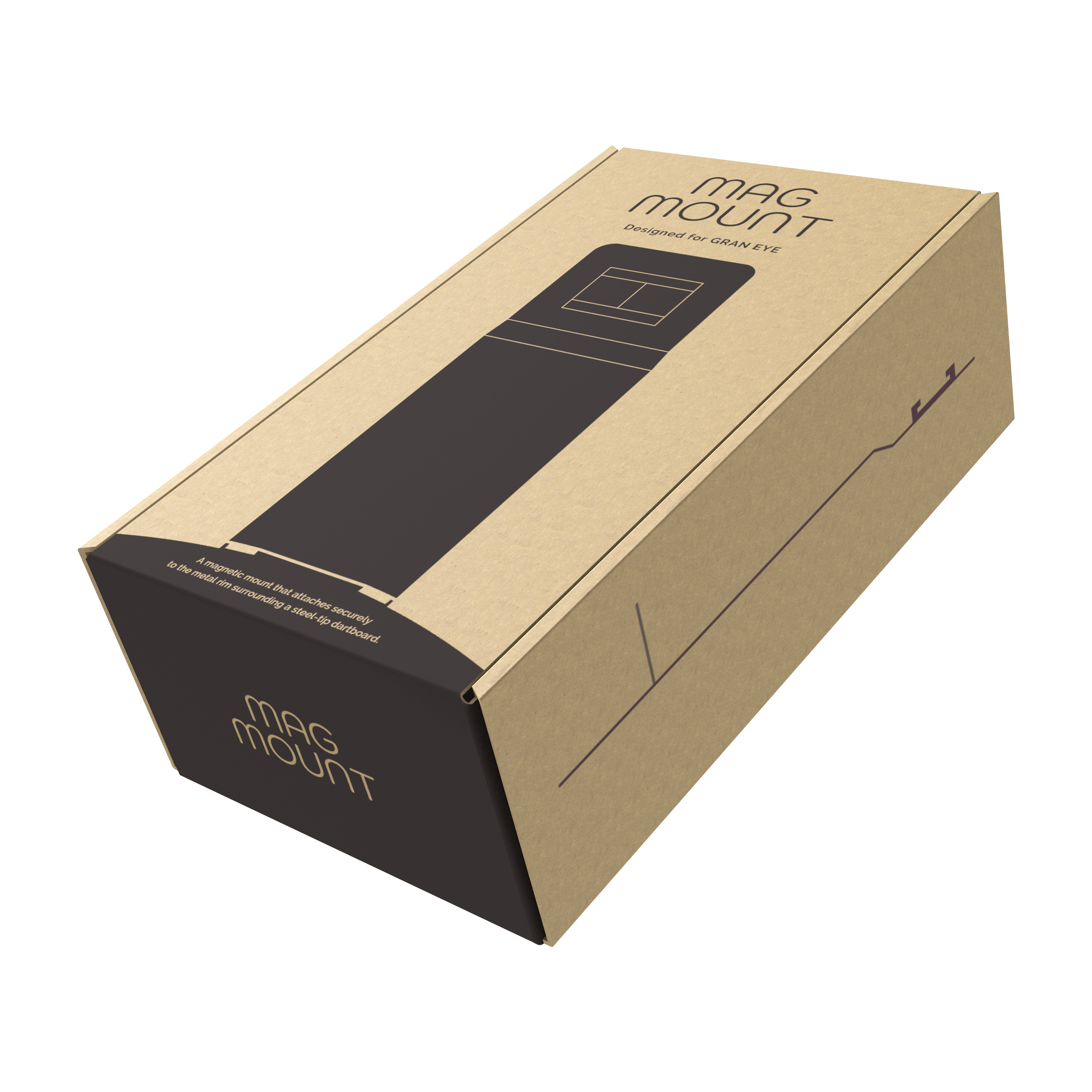 GranDarts Gran Eye Mag Mount Befestigung Die Abbildung zeigt eine Verpackung des Produkts "GranDarts GranEye Mag Mount Befestigung". Die Schachtel ist aus braunem Karton und trägt die Aufschrift "Mag Mount".