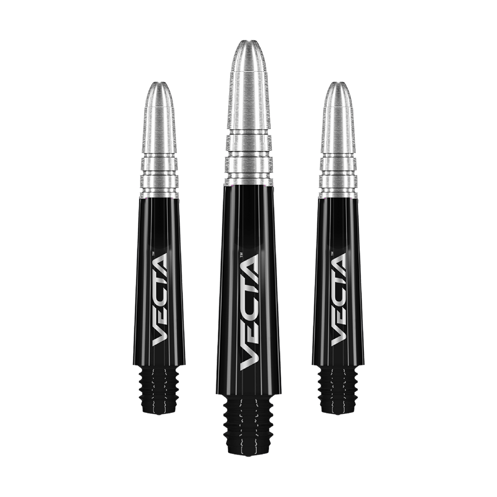Das Bild zeigt drei schwarze und silberne Dartschäfte der Marke Vecta. Sie sind nebeneinander angeordnet und haben ein modernes Design.