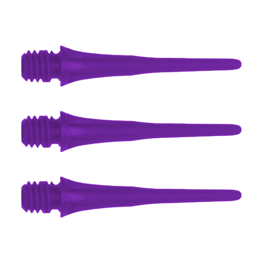 X9055_Cosmo_Fit_Point_Plus_2BA_Spitzen_Lila_1 Das Bild zeigt drei lilafarbene Dartspitzen mit Schraubgewinde. Es handelt sich um das Produkt "Cosmo Fit Point Plus 2BA Spitzen 25mm (50er Pack)".