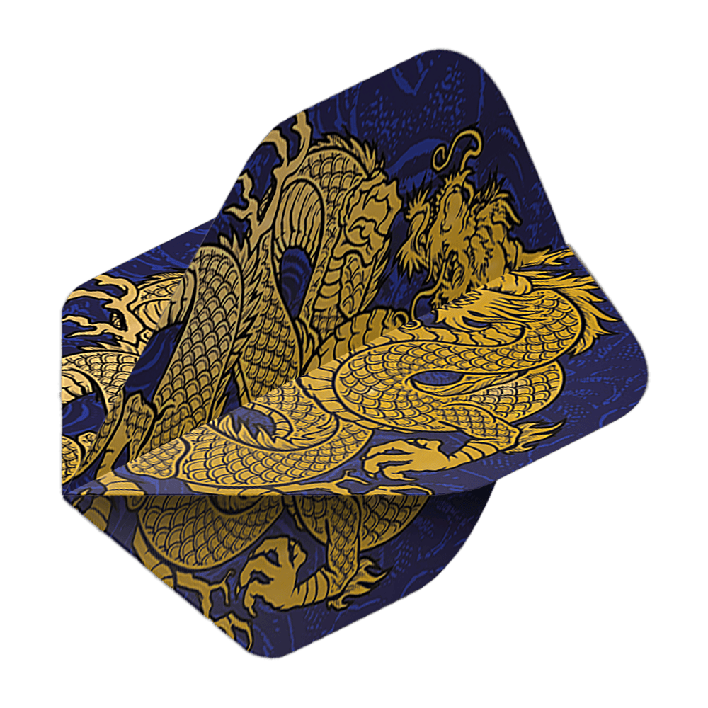 Pentathlon Flights Dragon blau Das Bild zeigt die Pentathlon Dragon 4 Standard Flights. Auf den Flights ist ein goldener Drache auf dunkelblauem Hintergrund abgebildet.