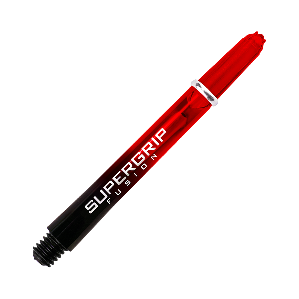 Das Bild zeigt einen Harrows Supergrip Fusion Shaft in Rot. Der Schaft hat ein modernes Design mit einer roten und schwarzen Farbverlaufoptik und weißer Aufschrift.