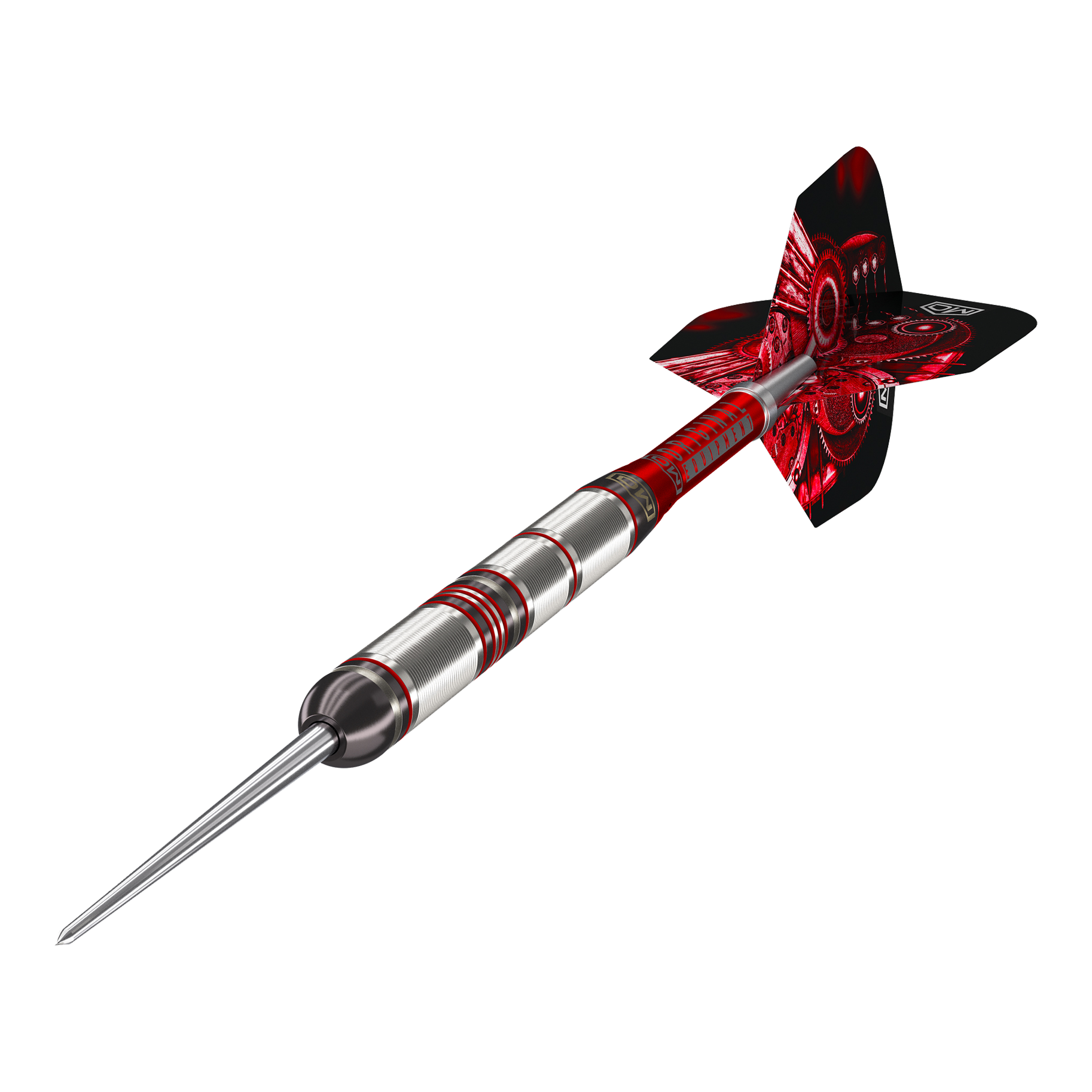 DW Piranha Razor 01 Steeldarts Das Bild zeigt einen DW Piranha Razor 01 Steeldart. Der Dartpfeil hat ein silbernes Barrel mit roten Akzenten und rote Flights.
