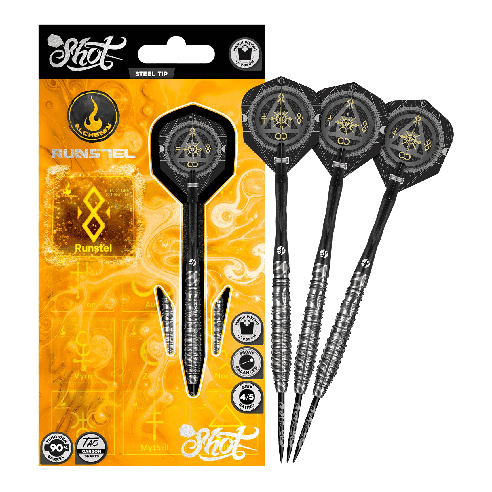 Hier wird das Modell Shot Alchemy Runstel Steeldarts dargestellt. Die Steeldarts sind komplett und aus der Nähe abgebildet.