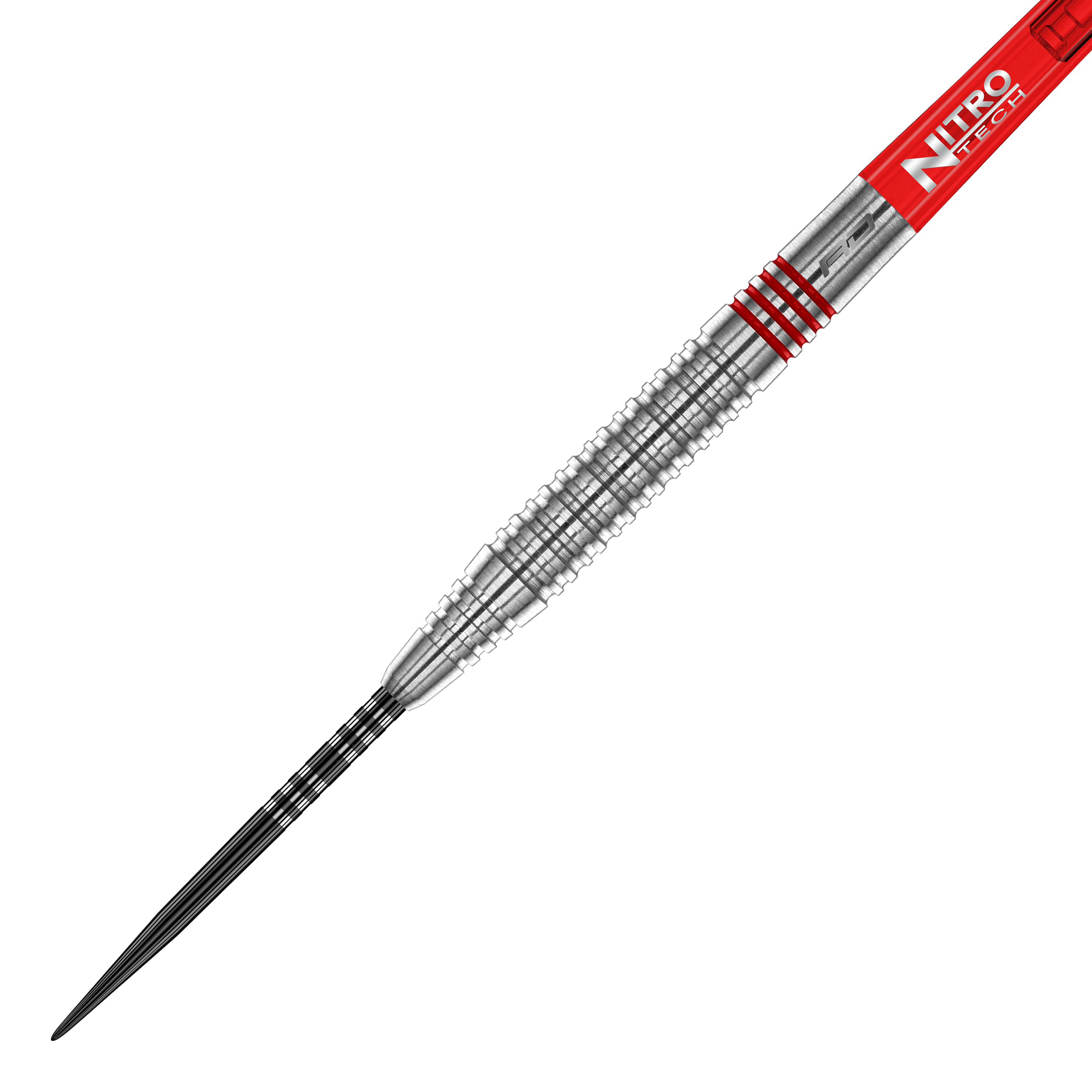 Red Dragon Jonny Clayton Original 2 Steeldarts Das Bild zeigt einen Red Dragon Jonny Clayton Original 2 Steeldart. Der Dartpfeil hat ein silbernes, gerilltes Barrel und einen roten Schaft mit der Aufschrift "Nitro Tech".