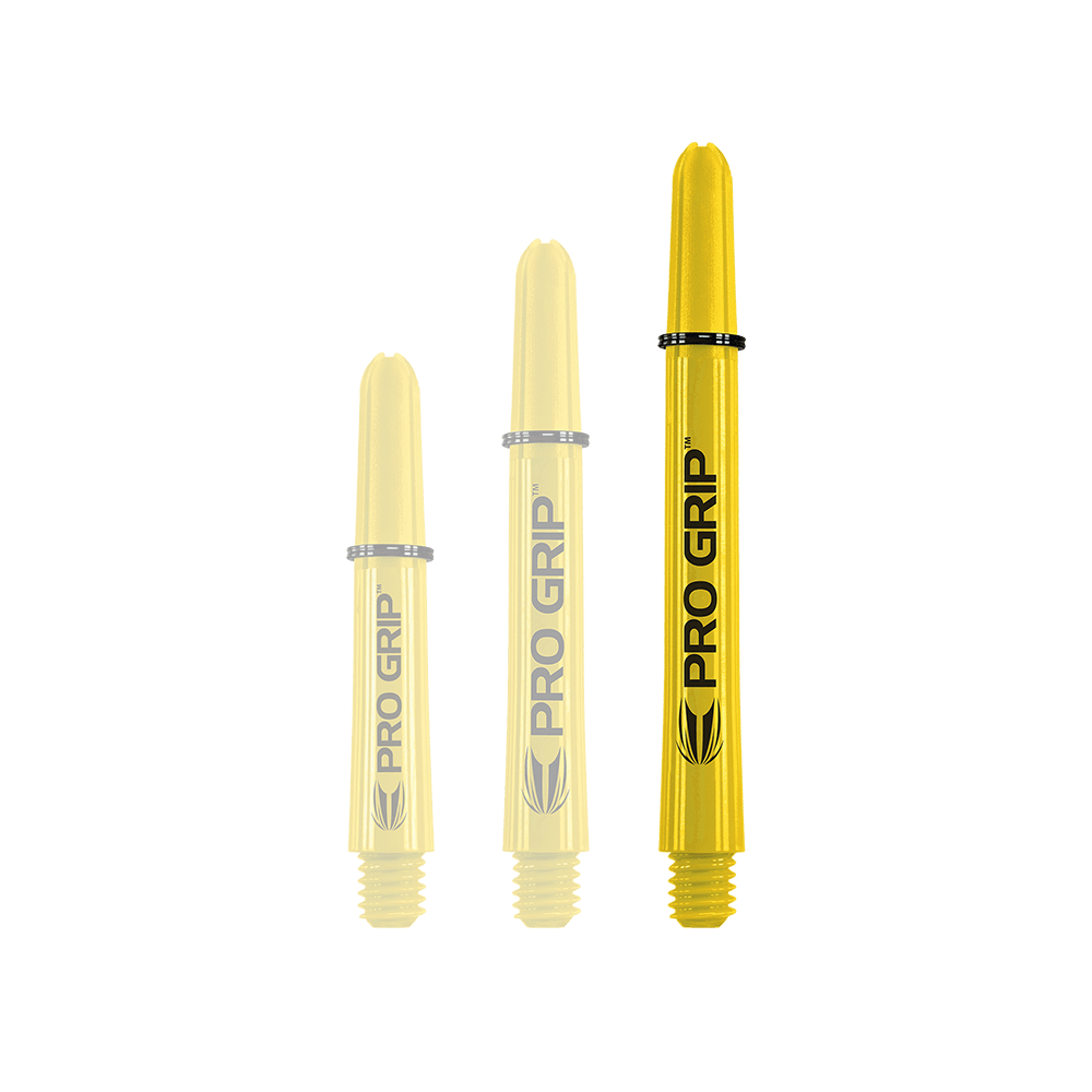 Auf dem Bild sind drei gelbe Pro Grip Shafts in unterschiedlichen Längen zu sehen. Sie stehen nebeneinander und tragen die Aufschrift "PRO GRIP".