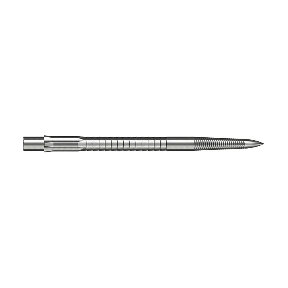 Caliburn System Steeldartspitzen - Micro Grip - Silber Das Bild zeigt Steeldartspitzen mit Micro Grip im Silber-Design, 40mm lang. Die Spitze ist einzeln und deutlich sichtbar dargestellt.