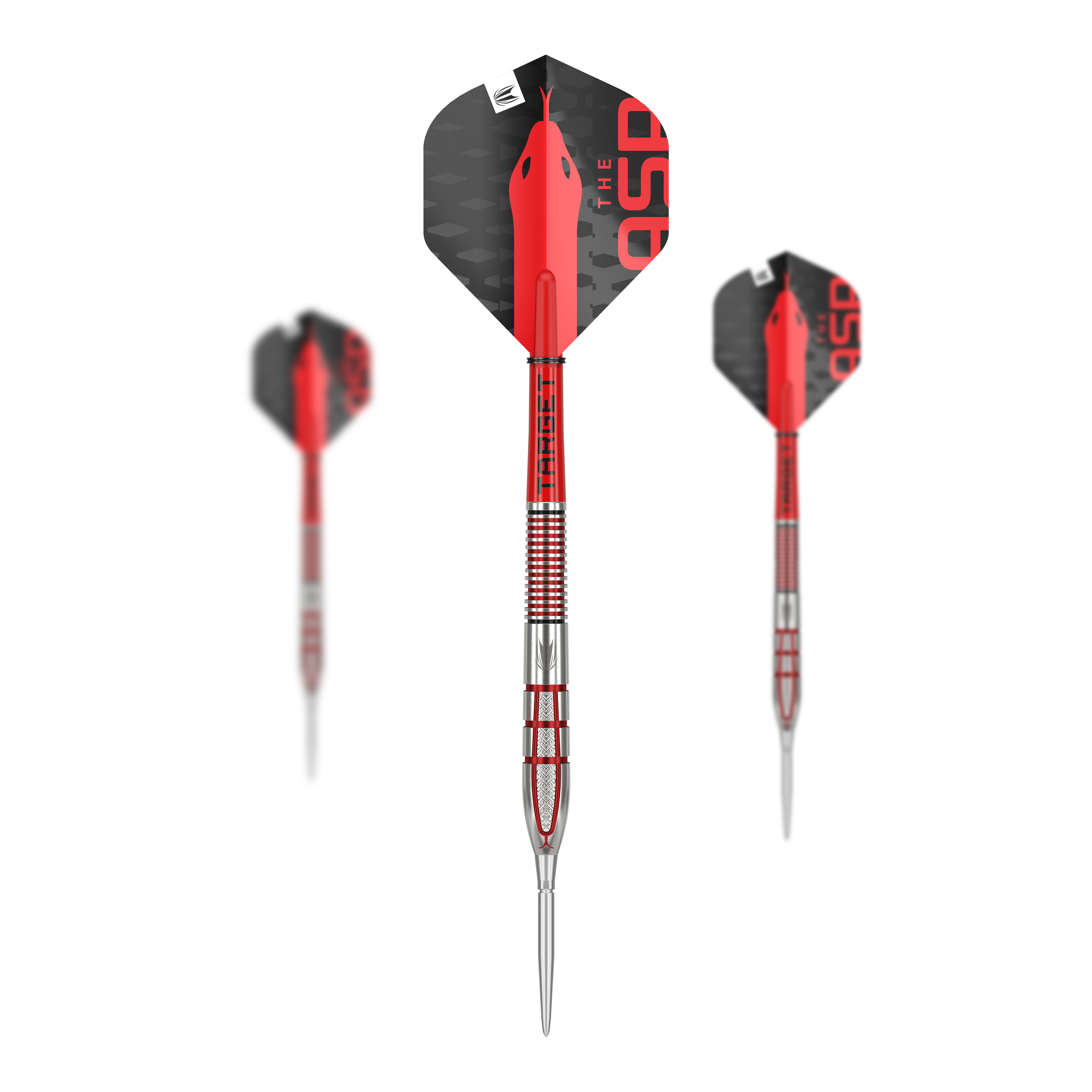 Target Nathan Aspinall GEN2 Swiss Point Steeldarts Das Bild zeigt drei hochwertige Steeldarts mit silbernen und roten Akzenten. Die Flights sind schwarz und rot gestaltet und tragen die Aufschrift "THE ASP."
