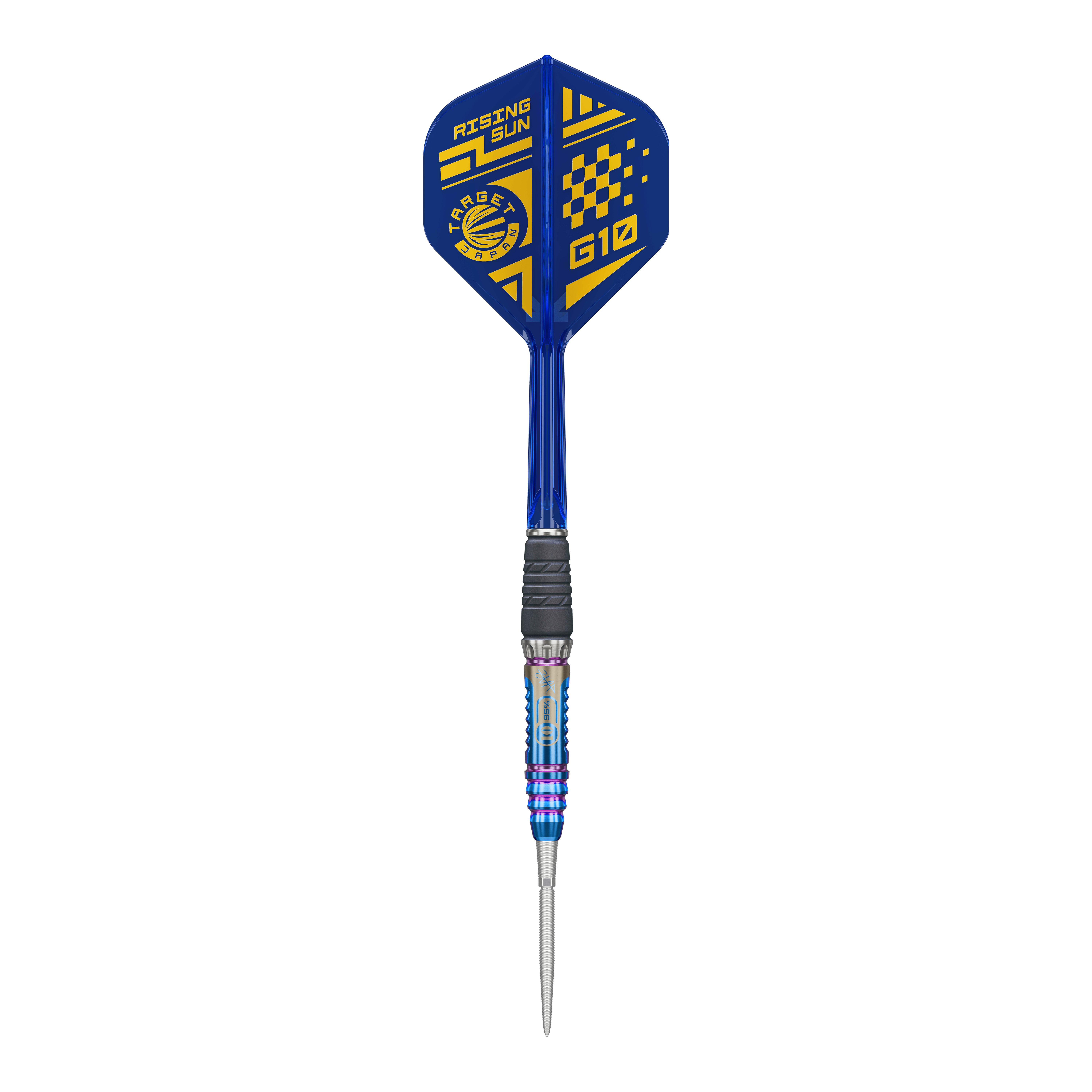 Target Japan Rising Sun GEN10 Swiss Point Steeldarts Dies ist ein Bild der Target Japan Rising Sun GEN10 Swiss Point Steeldarts. Drei silberne Darts mit blauen Highlights sind zu sehen.