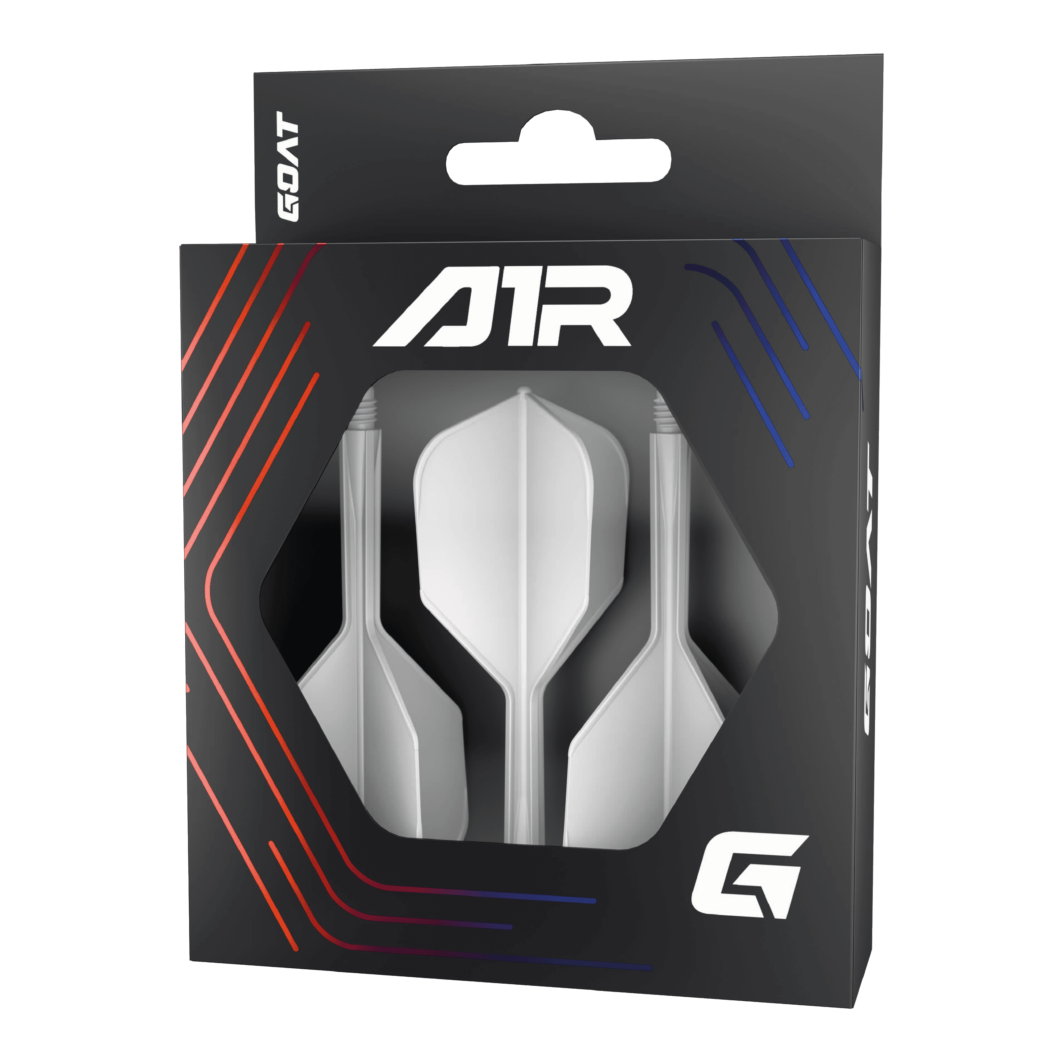 GOAT A1R No6 Flight-Shaft-System - Weiß Die Abbildung zeigt das Produkt „GOAT A1R No6 Flight-Shaft-System - Weiß“ in einer schwarzen Verpackung mit Sichtfenster. In der Verpackung sind drei weiße Dart-Flights mit Schäften zu sehen.