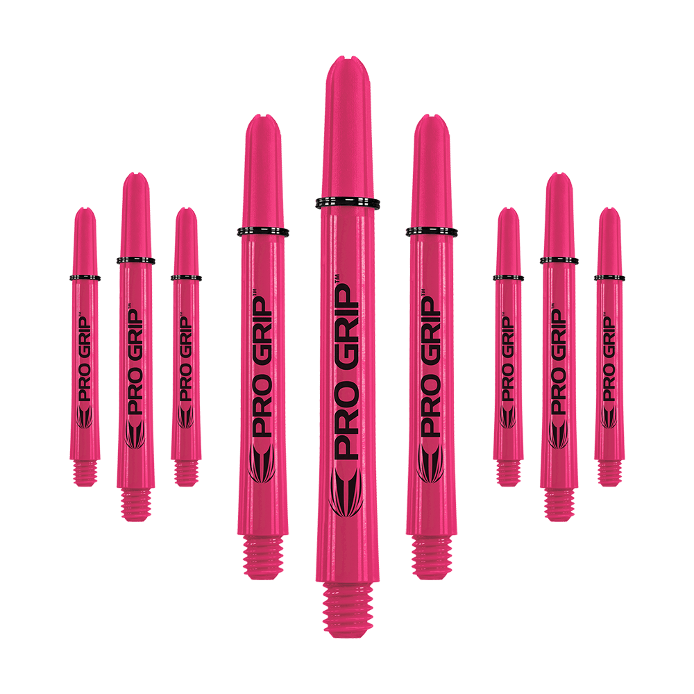 Auf dem Bild sind neun pinke Pro Grip Shafts zu sehen, die für Dartpfeile verwendet werden. Sie sind gleichmäßig angeordnet und tragen den Schriftzug "PRO GRIP" in schwarzer Farbe.