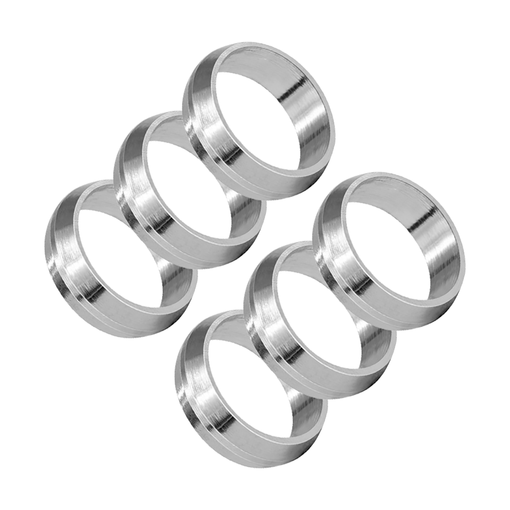 Das Bild zeigt sechs silberne Ringe des Produkts „Harrows Pyramid Shaftringe“. Die Ringe sind aus Metall und werden für Dartpfeile verwendet.