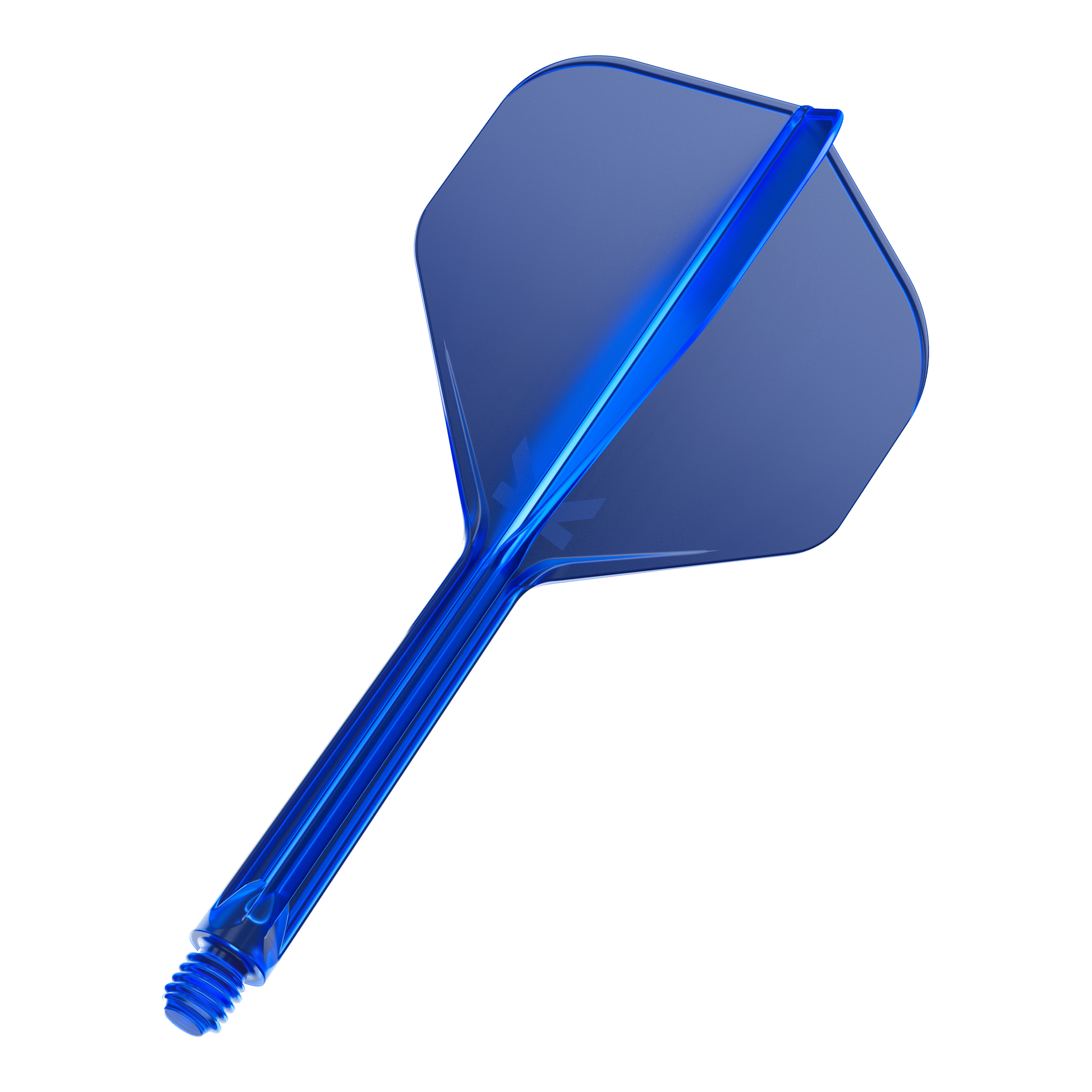 Das Bild zeigt einen blauen Dart-Flight mit integriertem Schaft. Der Flight ist durchsichtig und besitzt eine Standardform.