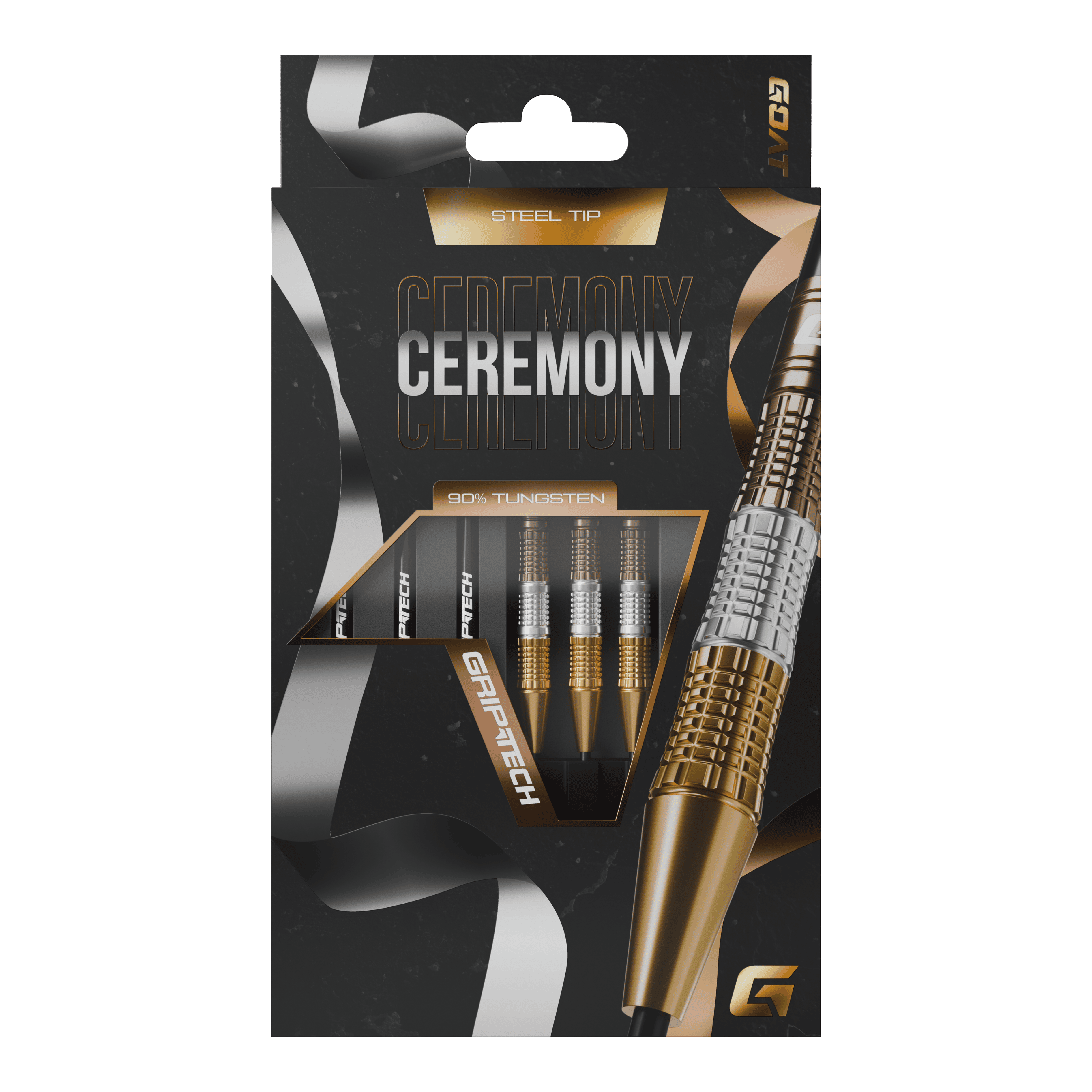 GOAT Ceremony Tungsten Steeldarts Die Abbildung zeigt eine Packung „GOAT Ceremony Tungsten Steeldarts“. Die Verpackung hebt die Eigenschaften wie 90% Tungsten und Grip-Tech besonders hervor.