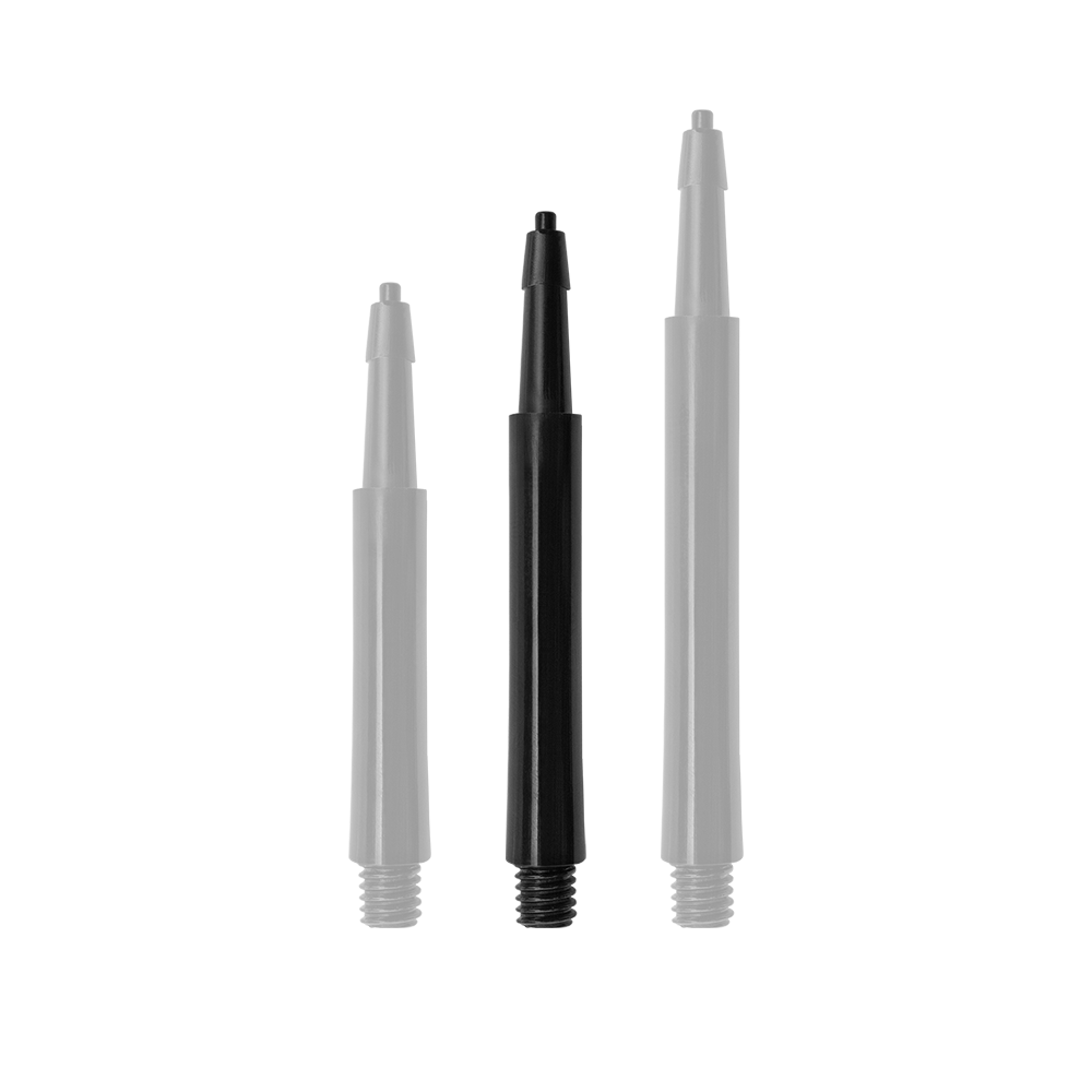 Das Bild zeigt drei schwarze Harrows Clic Standard Shafts in verschiedenen Längen. Die Shafts sind für Dartpfeile geeignet.