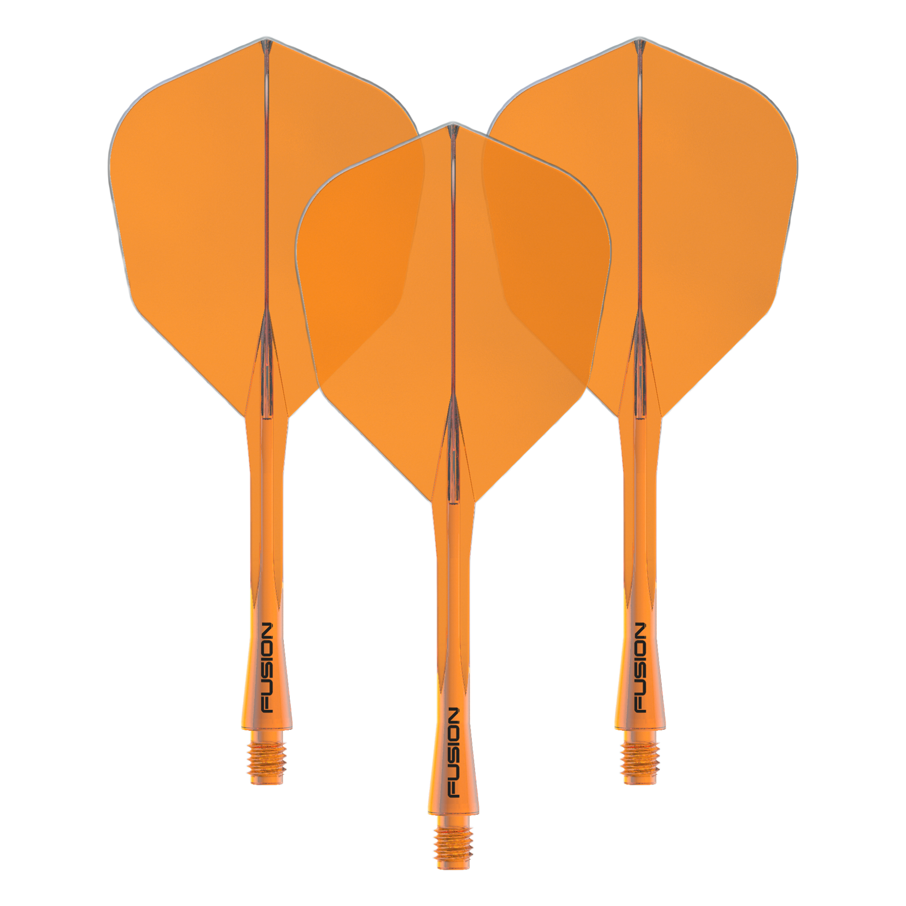 Abgebildet ist das Winmau Fusion Flight Shaft System No6 in Neon Orange, 34mm (1 Set). Es wird als Zubehör für Dartpfeile genutzt.