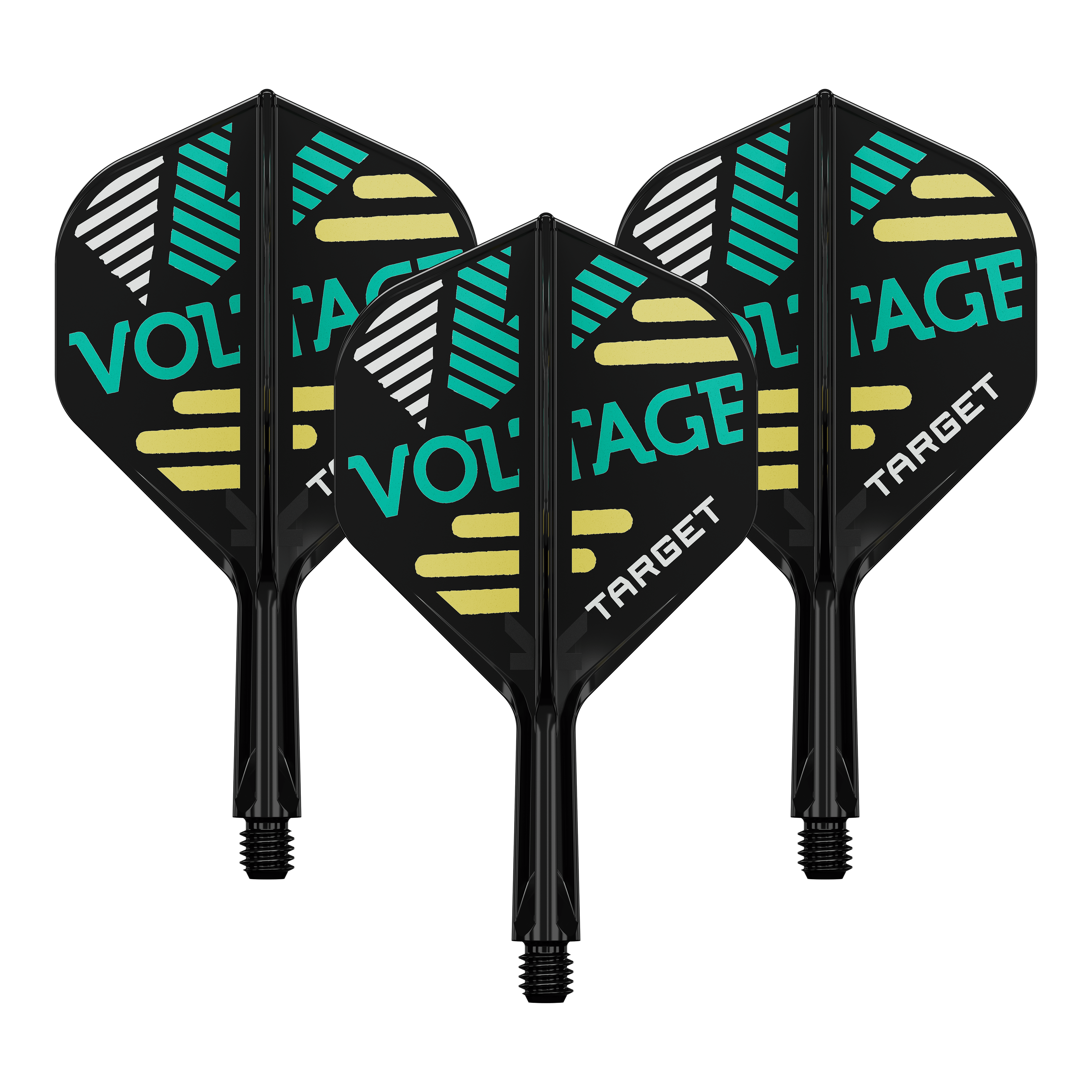 Target K-Flex Rob Cross No2 Standard Flight-Shaft-System Auf dem Bild sind drei schwarze Dartflights mit Schäften zu sehen. Auf den Flights steht "VOLTAGE" und "TARGET" in grüner und weißer Schrift mit gelben und weißen Streifen.