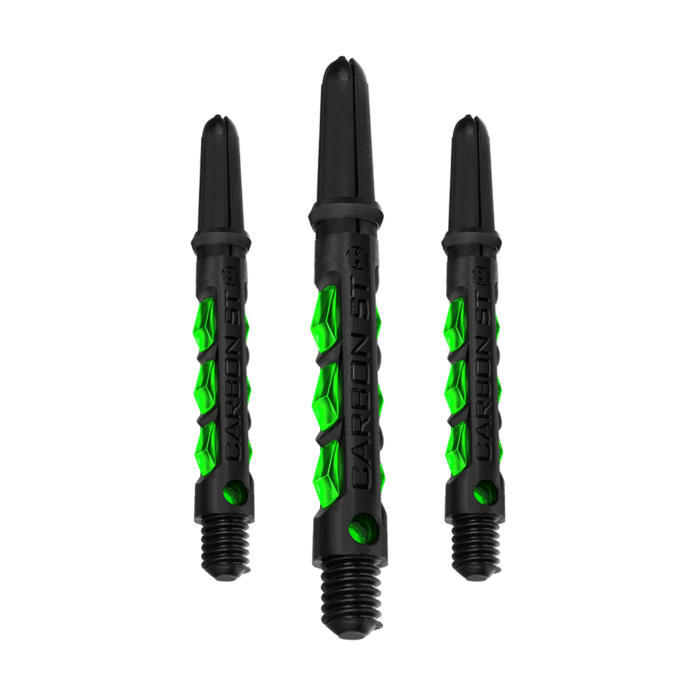 HR423_Harrows_Carbon_ST_Shafts_Gr-n_40mm_1dr8A9ag3UCSKA Das Bild zeigt drei schwarze Carbon ST Shafts von Harrows mit grünen Akzenten. Sie sind nebeneinander angeordnet und für den Dartsport bestimmt.