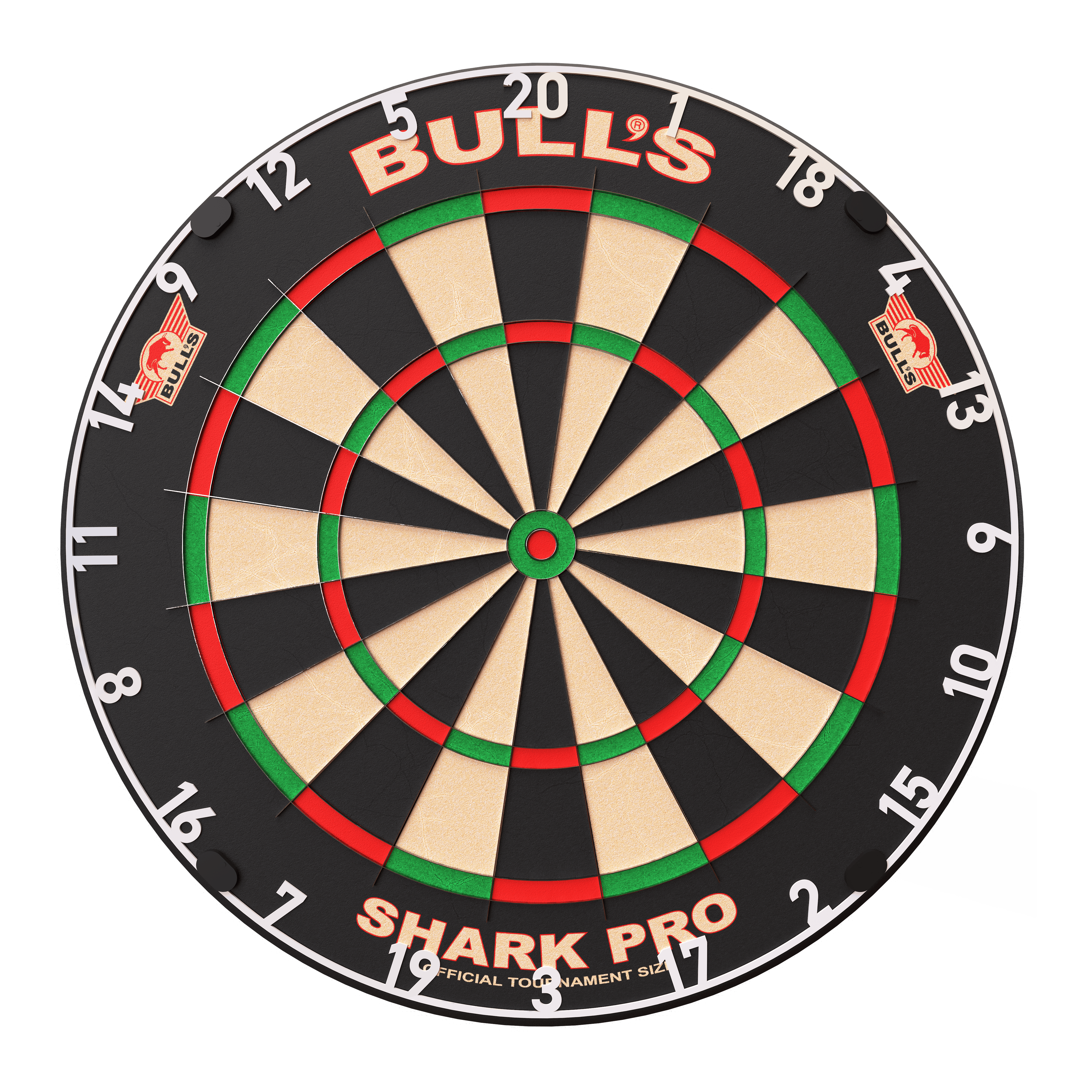 Bulls NL Shark Pro Steeldartboard Das Bild zeigt ein Dartboard mit dem Namen "Bulls NL Shark Pro Steeldartboard". Die Scheibe hat farbige Abschnitte in Schwarz, Weiß, Grün und Rot sowie gut lesbare Zahlen.