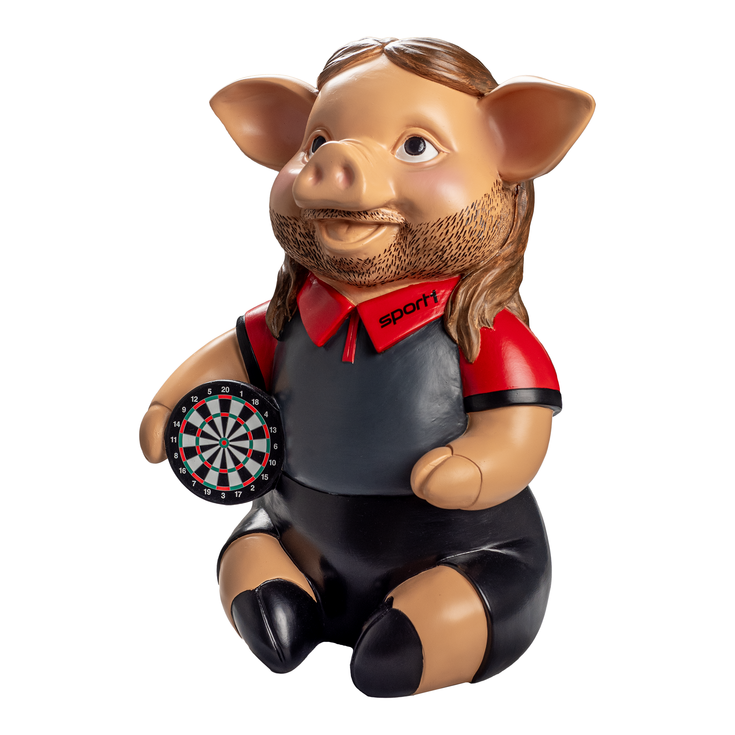 Sport1 Headbanger Phrasenschwein Das Bild zeigt eine Schweinefigur mit langen Haaren, Bart und einem Sport1-Shirt. Die Figur hält eine kleine Dartscheibe in der Hand.