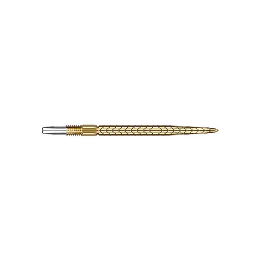 Das Bild zeigt eine goldene Dartspitze mit einem geometrischen Muster. Die Spitze ist lang und hat einen silbernen Ansatz am linken Ende.