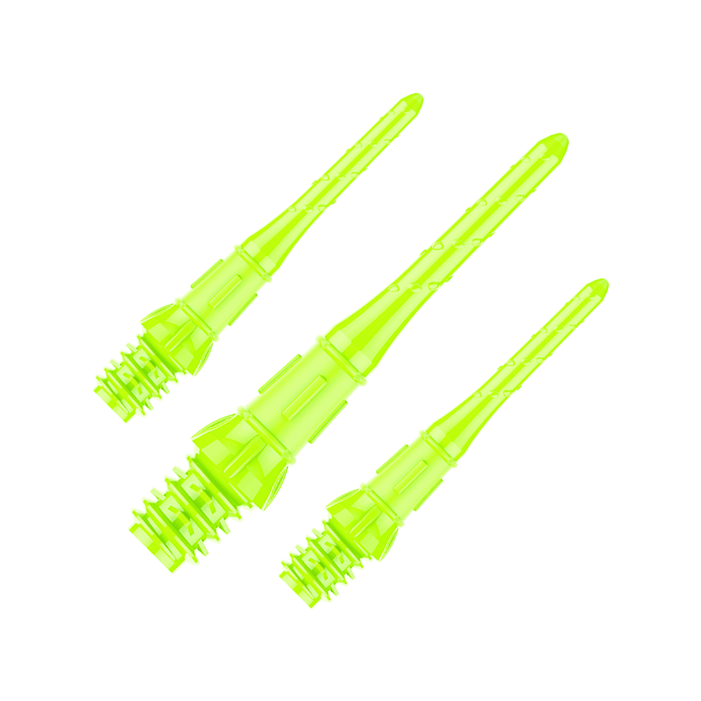 Auf dem Bild sind drei neon-gelbe Dartspitzen zu sehen. Sie liegen nebeneinander und sind aus Kunststoff gefertigt.