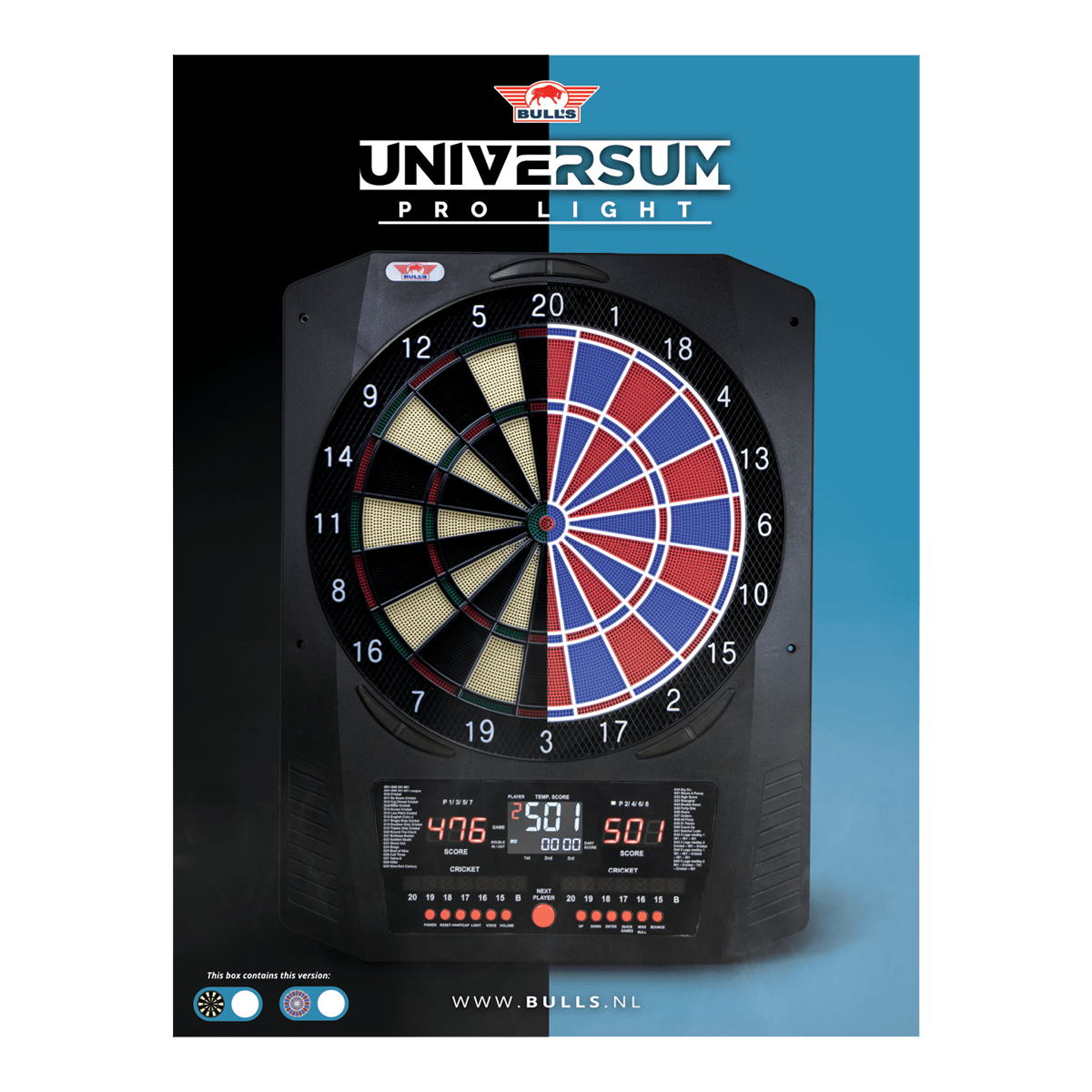 Bulls NL Universum Pro Light Elektronisches Dartboard - Blau Rot Hier sieht man das Bulls NL Universum Pro Light Elektronisches Dartboard in den Farben Blau und Rot. Dieses Dartboard bietet viele Spieloptionen.