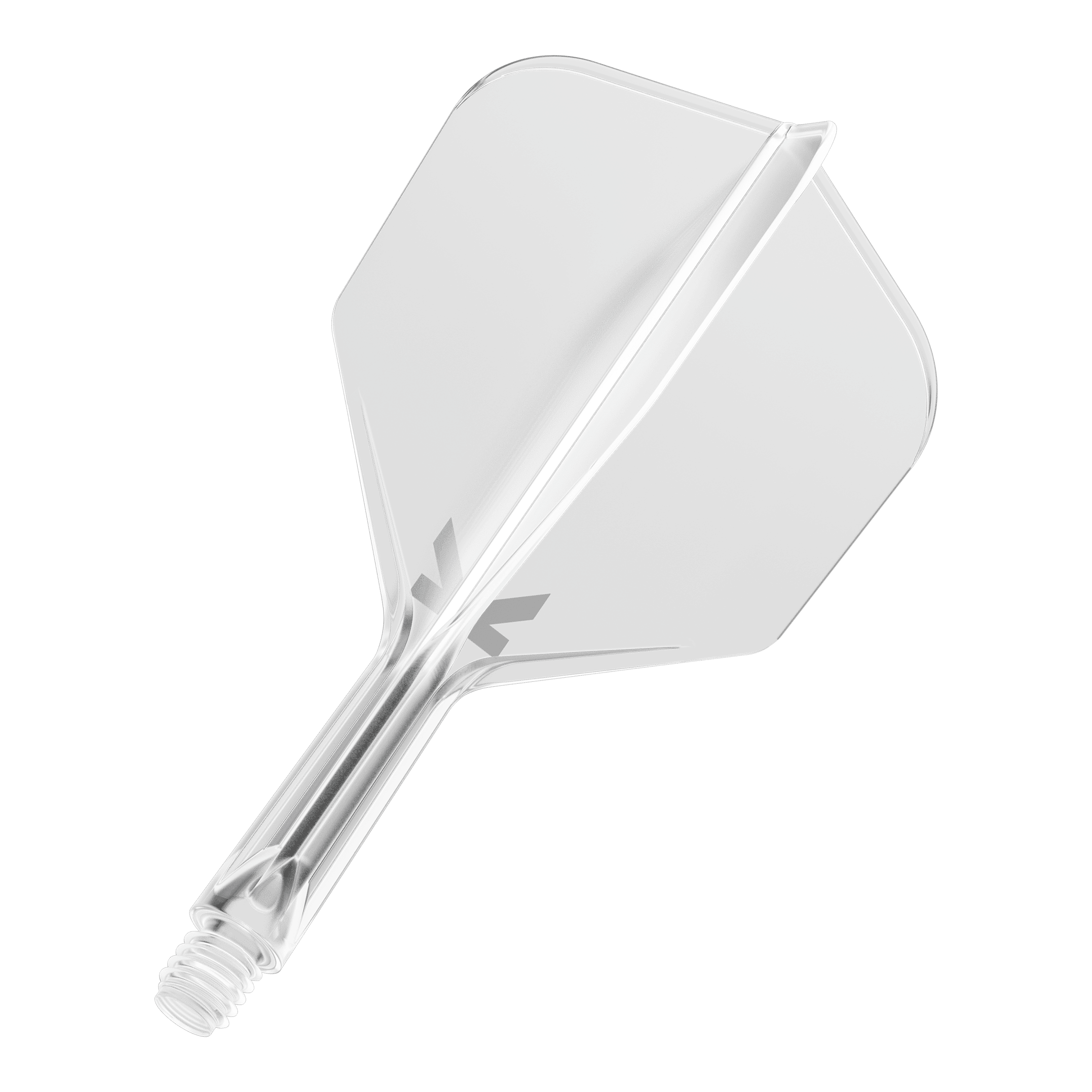 Target K-Flex No6 Flight-System - Clear Das Bild zeigt ein durchsichtiges Dart-Flightsystem mit einem integrierten Schaft. Es ist vor schwarzem Hintergrund abgebildet.