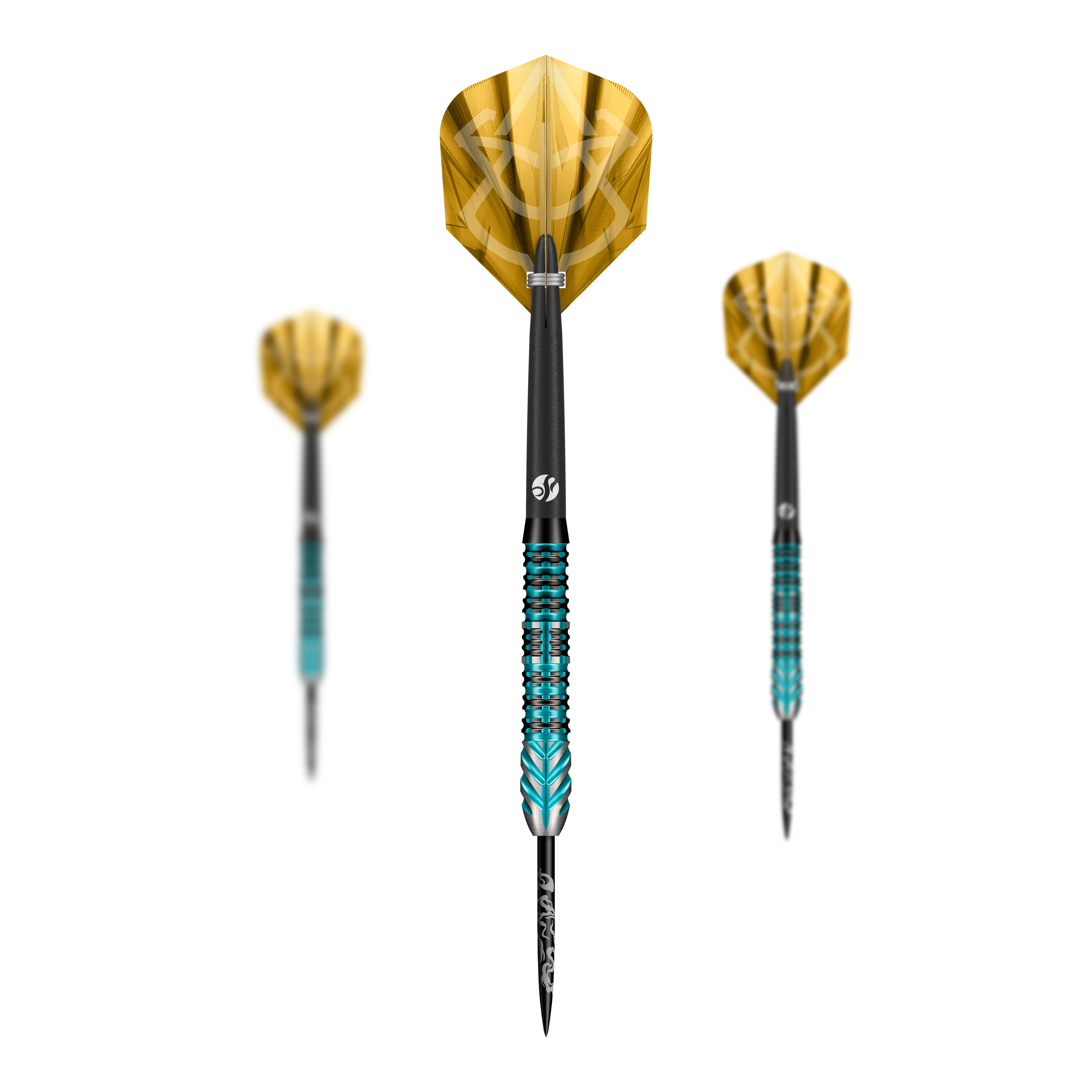 Abgebildet ist das Shot Alchemy Volta Steeldarts-Set. Es handelt sich um ein Set von Steeldarts für Dartspieler.
