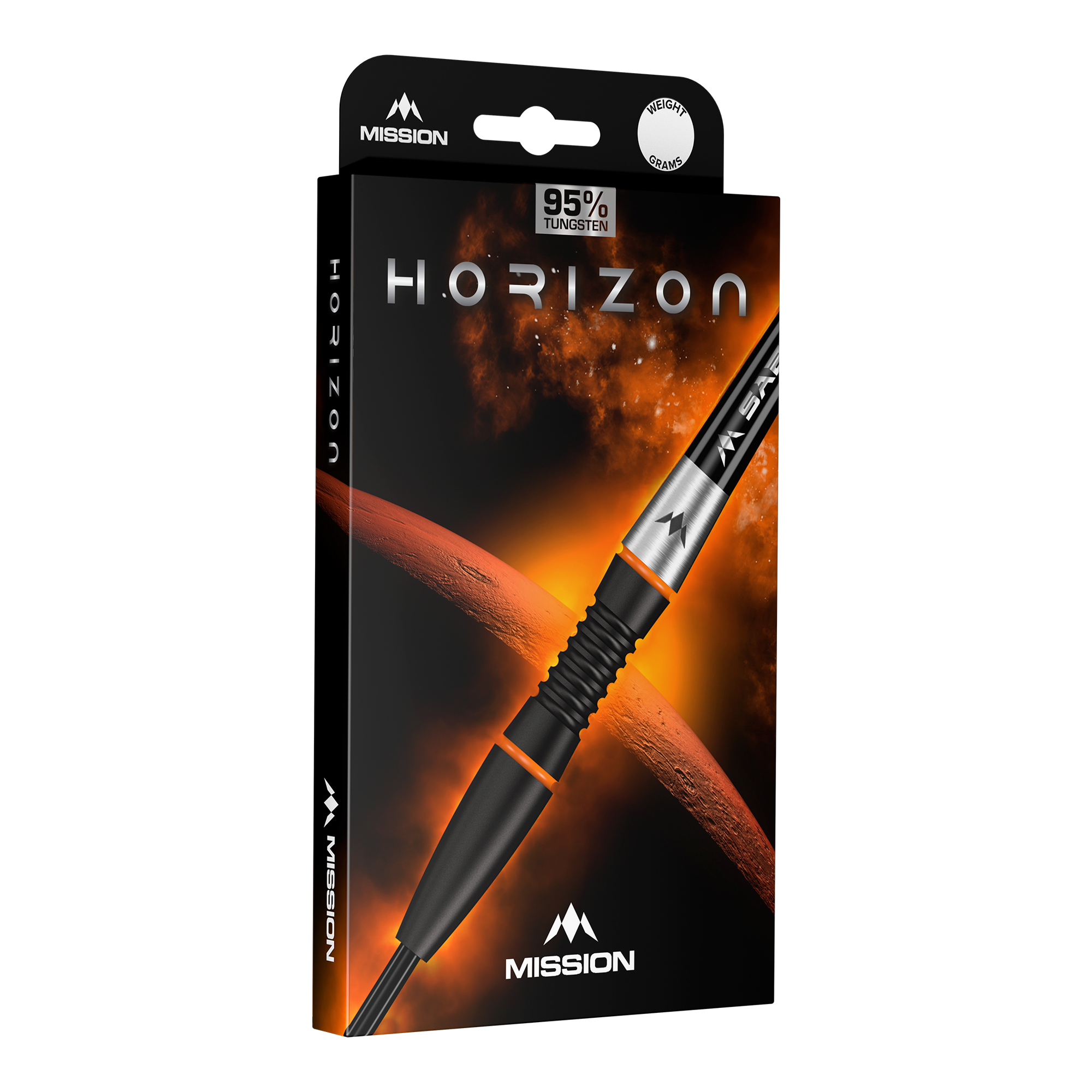 Mission Horizon Black PVD Orange Steeldarts Mission Horizon Black PVD Orange Steeldarts sind zu sehen. Das Bild hebt die schwarze und orange Farbgebung hervor.
