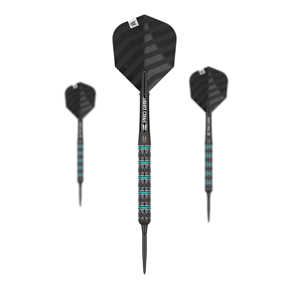 Target Rob Cross Black Edition Swiss Point Steeldarts Auf dem Bild sind drei schwarze Steeldarts mit blauen und silbernen Akzenten zu sehen. Die Flights und Griffe der Darts haben ein modernes, gestreiftes Design.