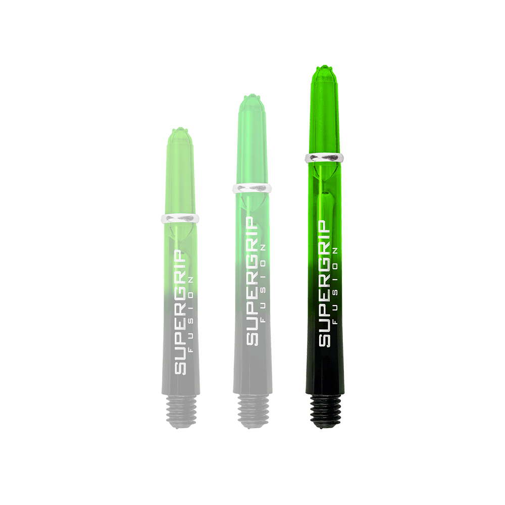 Das Bild zeigt drei grüne Harrows Supergrip Fusion Shafts in verschiedenen Längen. Die Schäfte haben ein transparentes Design mit der Aufschrift "SUPERGRIP FUSION" in Weiß.