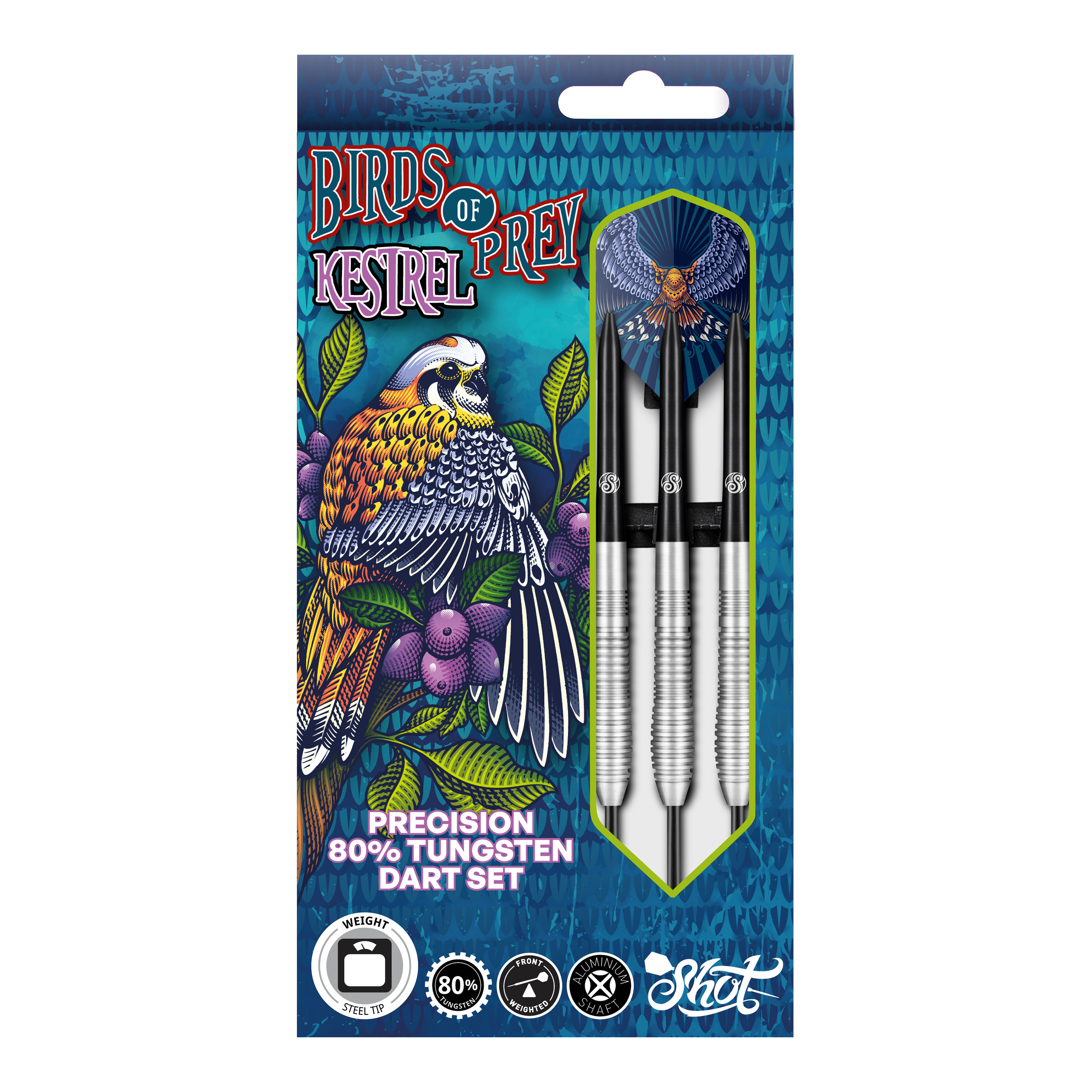 Shot Birds Of Prey Kestrel Steeldarts Das Bild zeigt die Verpackung der "Shot Birds Of Prey Kestrel Steeldarts". Auf der Verpackung ist ein bunter Vogel abgebildet, und die Darts bestehen aus 80% Tungsten.