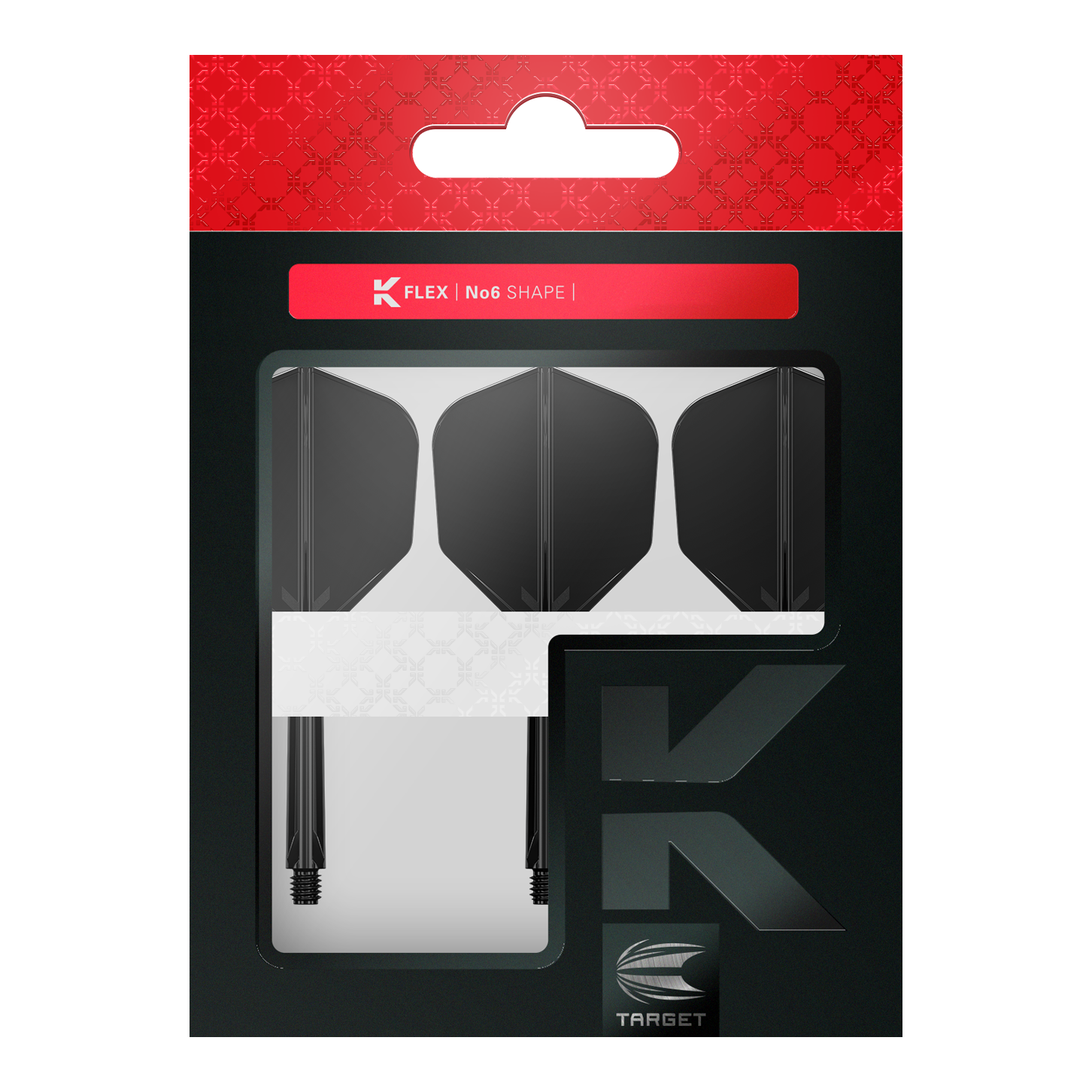 Das Bild zeigt eine Verpackung mit drei schwarzen Dartflights und Schäften. Die Marke „TARGET“ und die Produktbezeichnung „K FLEX No6 SHAPE“ sind auf der Packung zu sehen.