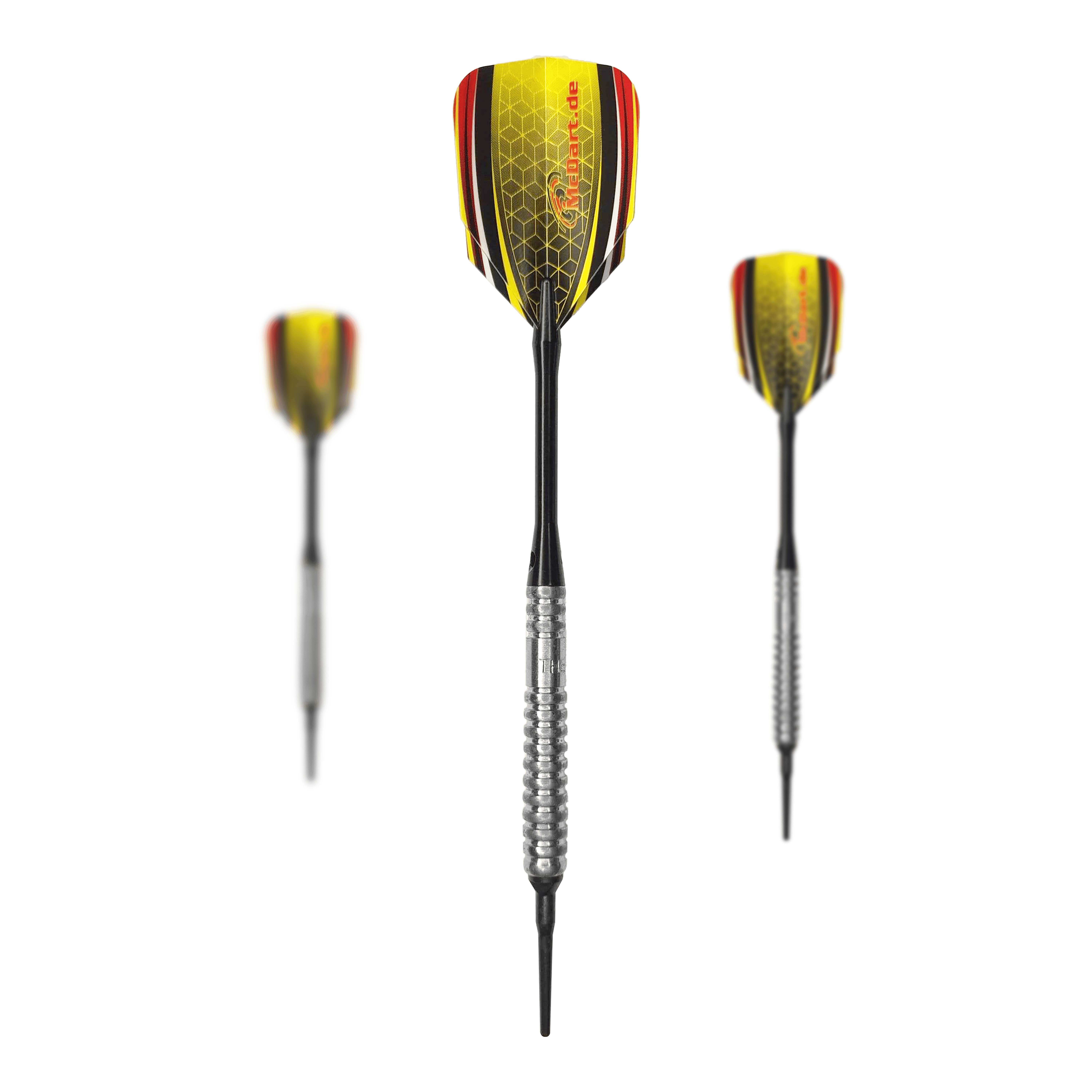 McDart 85er Tungsten V20 Softdarts - 17g Das Bild zeigt drei Softdarts des Modells "McDart 85er Tungsten V20" mit einem Gewicht von 17g. Die Flights sind in Gelb, Rot und Schwarz gestaltet und haben ein Wabenmuster.