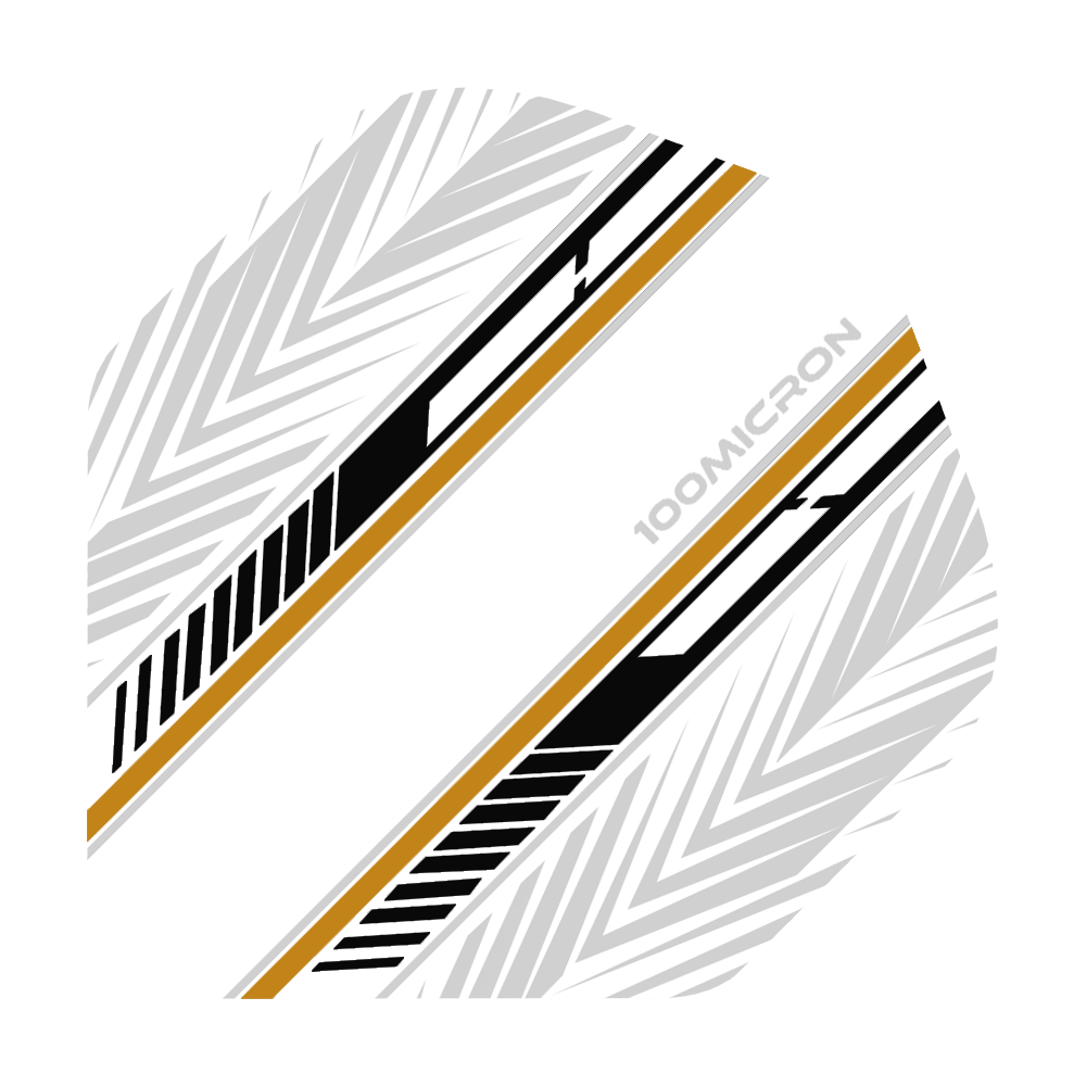 Pentathlon Flights weiß/schwarz/gold Das Bild zeigt das Produkt "Pentathlon White Black Gold No2 Standard Flights". Das Flight ist überwiegend weiß mit schwarzen, goldenen und grauen Mustern sowie der Aufschrift "100 MICRON".