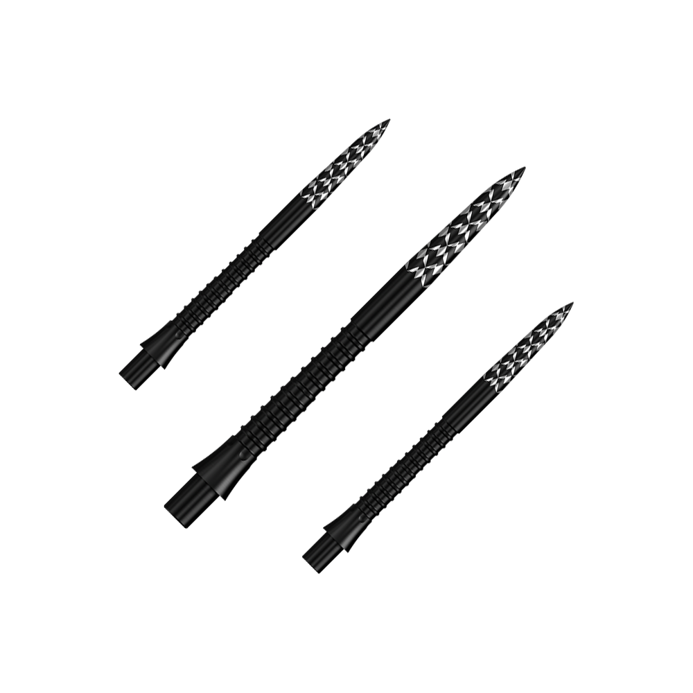Dieses Bild zeigt ein Set von Mission Caliburn EVO GV-Logo Steeldartspitzen in Schwarz, 32 mm. Die Dartspitzen sind für professionelle Dartspiele geeignet.
