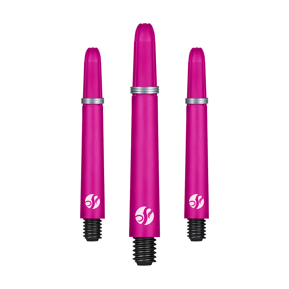 Shot Koi Carbon Shafts - Pink Das Bild zeigt drei pinke Dartschäfte mit silbernen Ringen und schwarzem Gewinde. Sie sind in verschiedenen Längen angeordnet und haben ein weißes Logo am unteren Ende.