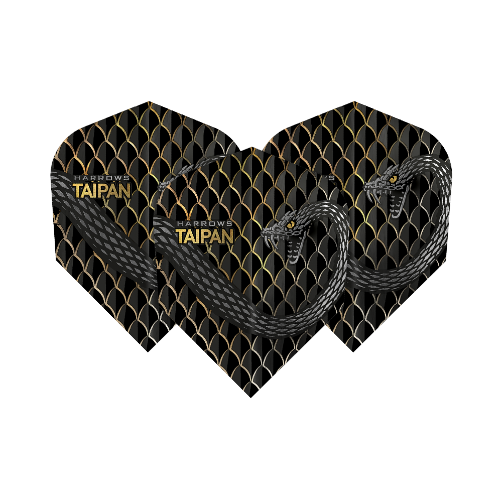 HR25_Harrows_Taipan_Gold_Standard_Flights_1rWBzLDPpGAqsg Das Bild zeigt drei Harrows Taipan Standard Flights für Darts. Die Flights haben ein schwarzes und goldenes Schuppenmuster mit einem Schlangenmotiv.