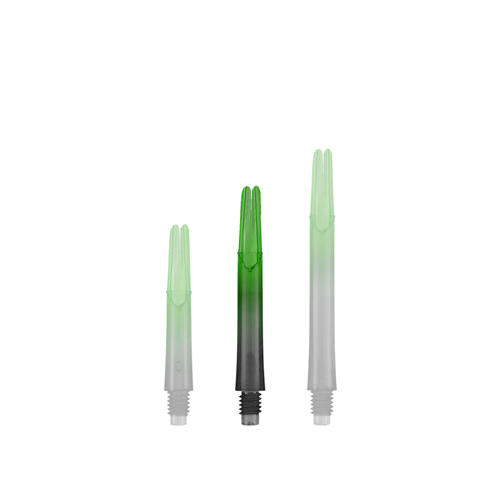 L-Style L-Shaft Locked Straight Natural9 TwoTone Shafts - Grün Auf dem Bild sind drei grün-schwarze Dartschäfte in unterschiedlichen Längen zu sehen. Sie stehen aufrecht nebeneinander auf weißem Hintergrund.