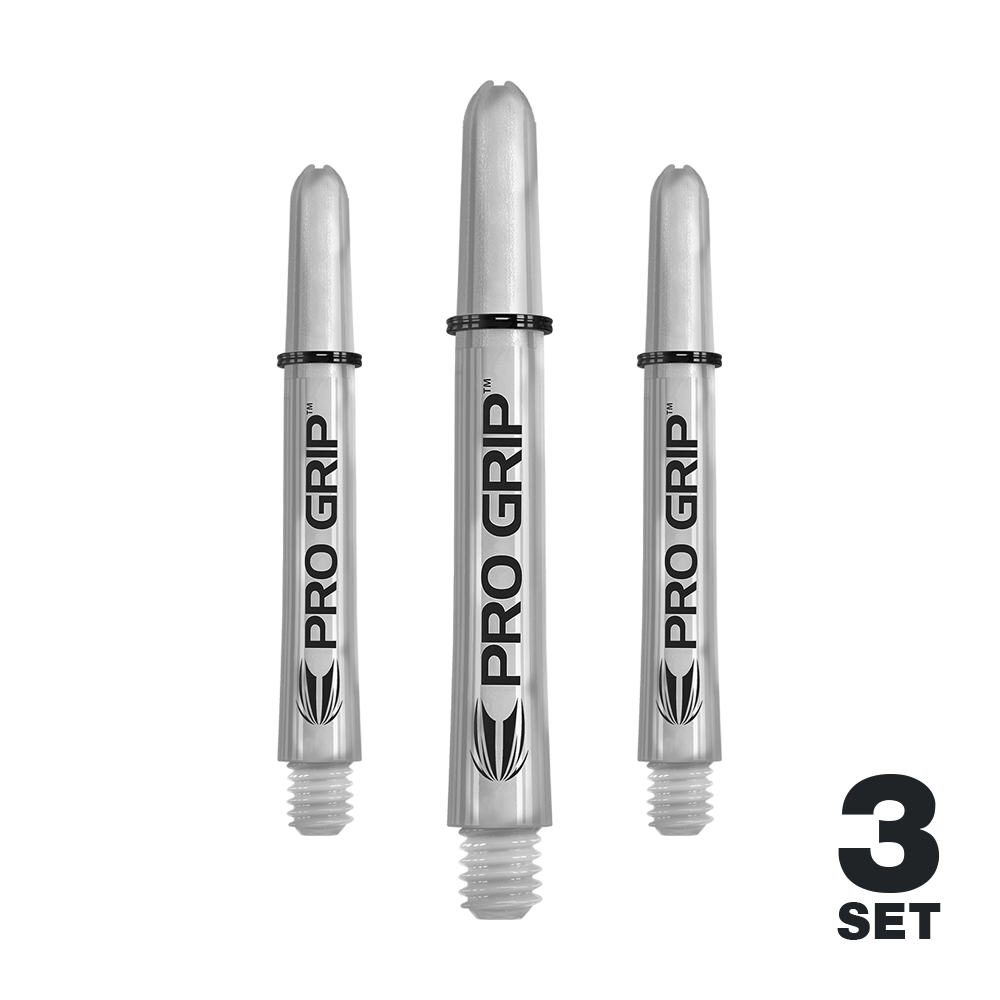 Das Bild zeigt drei transparente Pro Grip Shafts für Darts. In der unteren rechten Ecke steht "3 Set", was auf ein Set von drei Stück hinweist.
