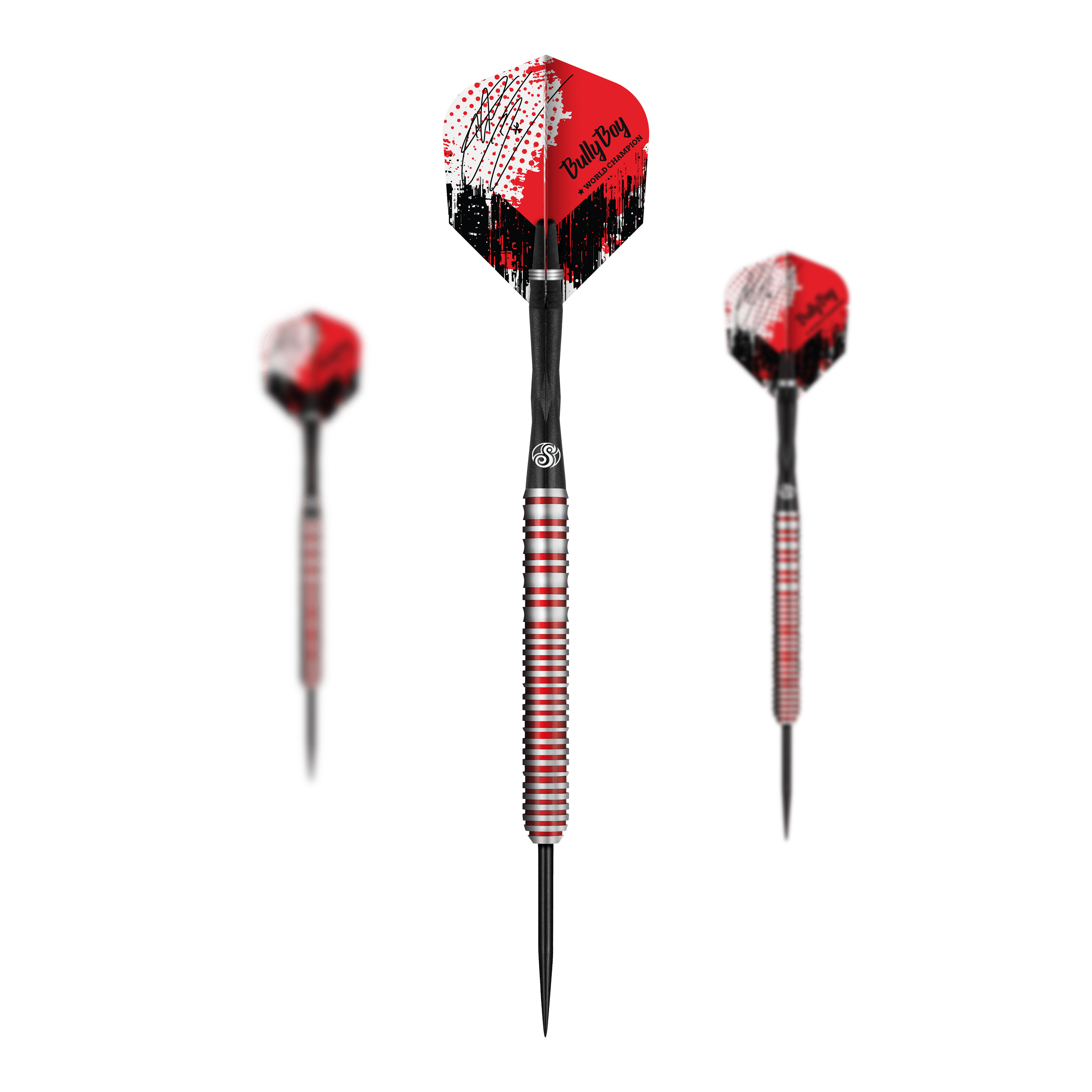 Auf dem Bild sind drei Steeldarts des Produkts "Shot Michael Smith Bully Boy Game Day" zu sehen. Die Flights sind in Rot, Weiß und Schwarz mit einem auffälligen Muster gestaltet.