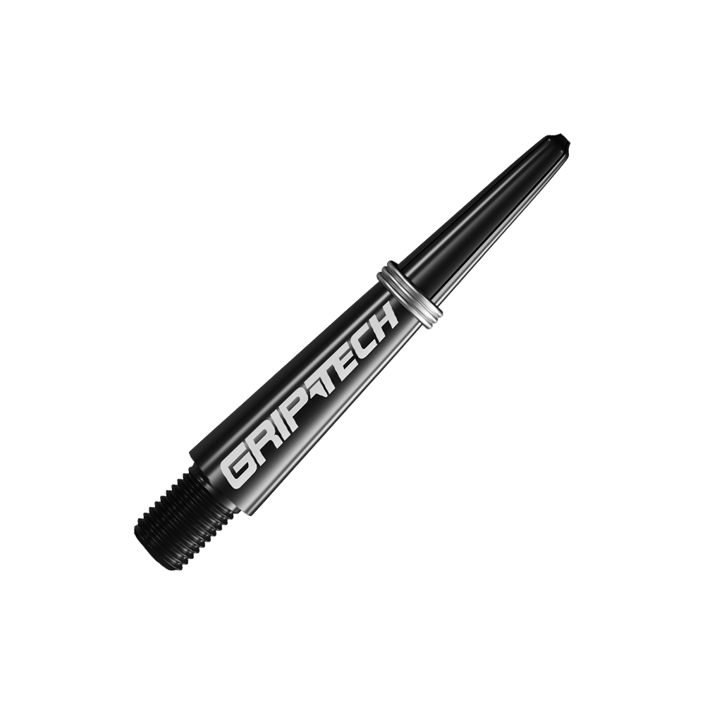 GOAT Griptech Shafts - Schwarz Das Bild zeigt einen schwarzen Dart-Schaft mit der Aufschrift "GRIPTECH". Der Schaft wirkt robust und hat metallische Akzente.