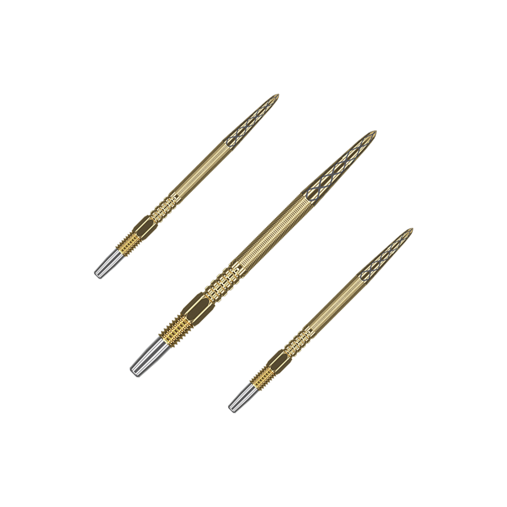 Auf dem Bild sind drei goldfarbene Dartspitzen zu sehen. Sie haben ein feines, geriffeltes Muster und eine silberne Spitze am Ende.