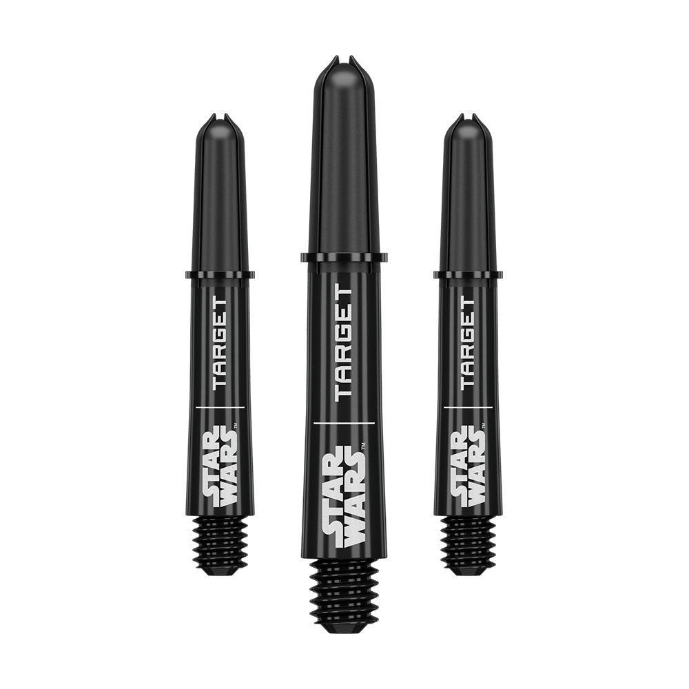 Target Star Wars ProGrip Shafts - Schwarz Abgebildet ist das Produkt mit dem Dateinamen 380420_Target_StarWars_ProGrip_Shafts_Schwarz_Short_34mm_1Set. Vermutlich handelt es sich um schwarze ProGrip Shafts für Darts, Modell Star Wars, in kurzer Ausführung.