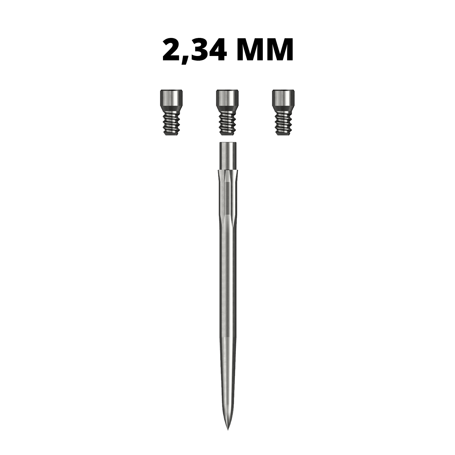 Caliburn System Spigots Ein silbernes Caliburn Evo System Steeldartspitze Spigot mit einer Länge von 23,4 mm ist abgebildet. Die Dartspitze liegt auf weißem Hintergrund.