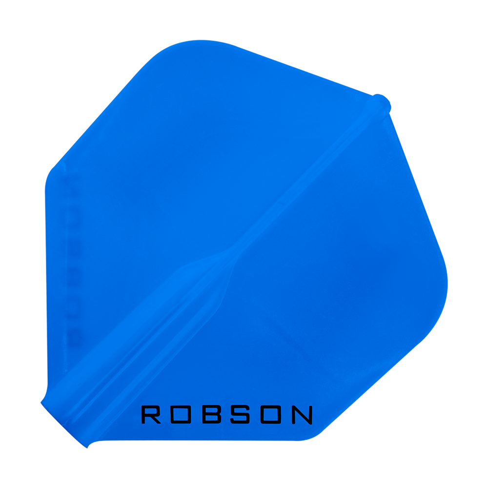 Robson Plus Standard Flights Dies ist ein blaues Dartflight mit der Aufschrift "ROBSON". Es hat eine standardmäßige, rautenförmige Form.