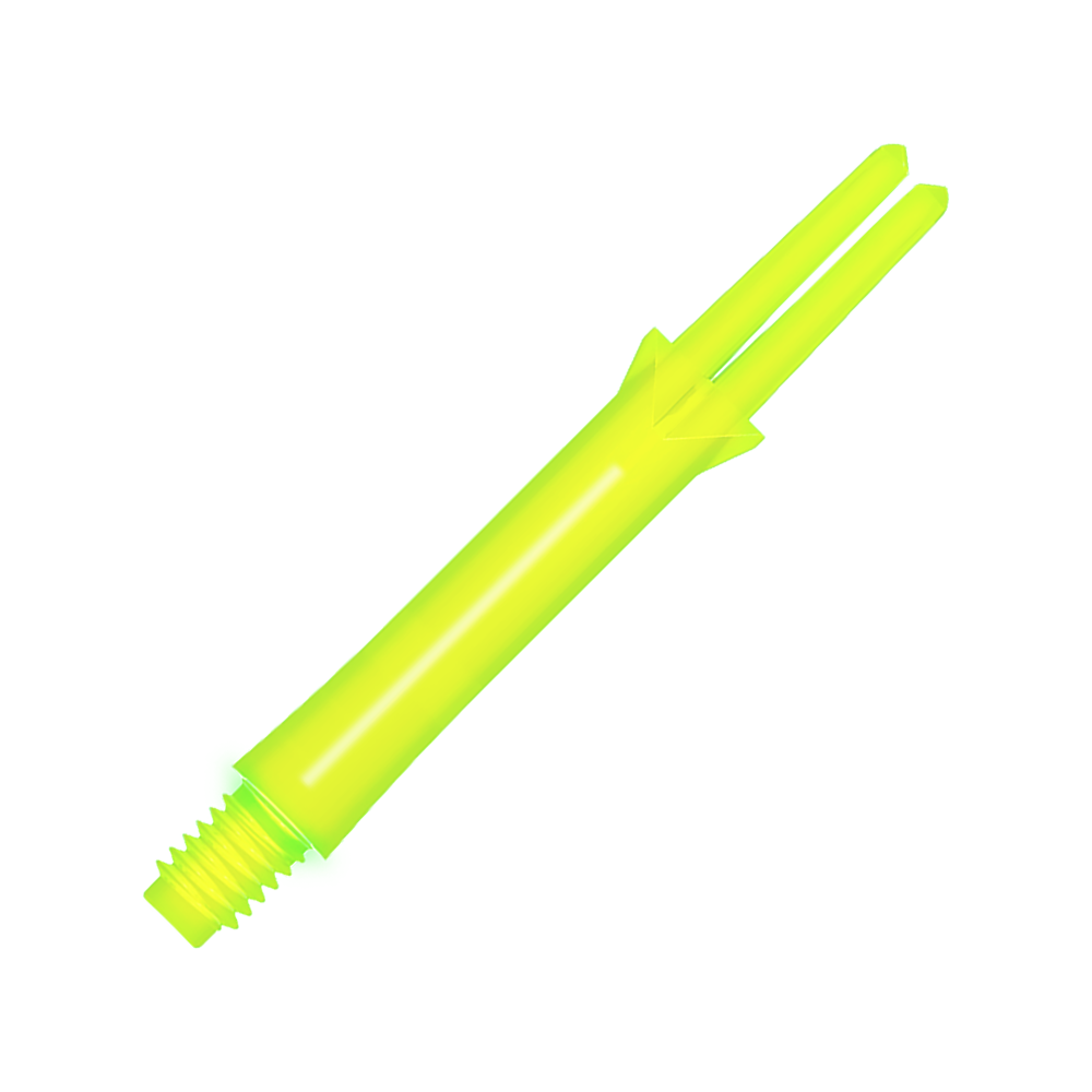 Das Bild zeigt einen geraden, neon-gelben Dart-Schaft mit Gewinde. Er ist etwa 39 mm lang und hat zwei Schlitze am Ende.