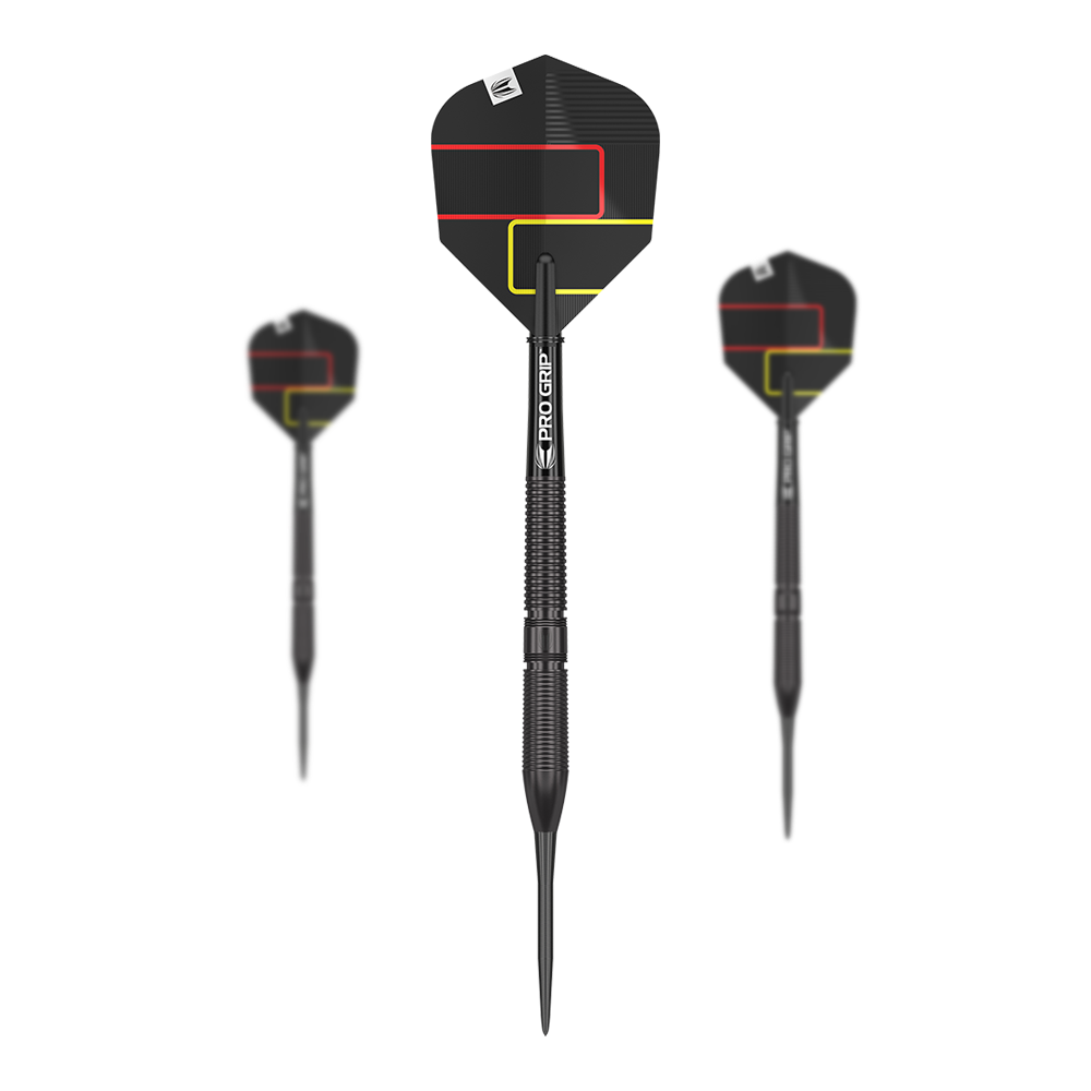 Target Gabriel Clemens Black Edition Steeldarts Auf dem Bild sind drei schwarze Steeldarts der Marke „Target Gabriel Clemens Black Edition“ zu sehen. Die Flights sind in Schwarz gehalten und mit roten und gelben Linien verziert.