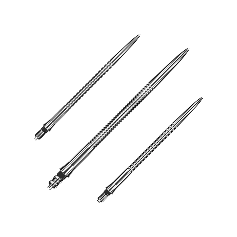 Dieses Bild zeigt ein Set silberner Dartspitzen mit Rillen. Die Spitzen haben eine Länge von etwa 45mm.
