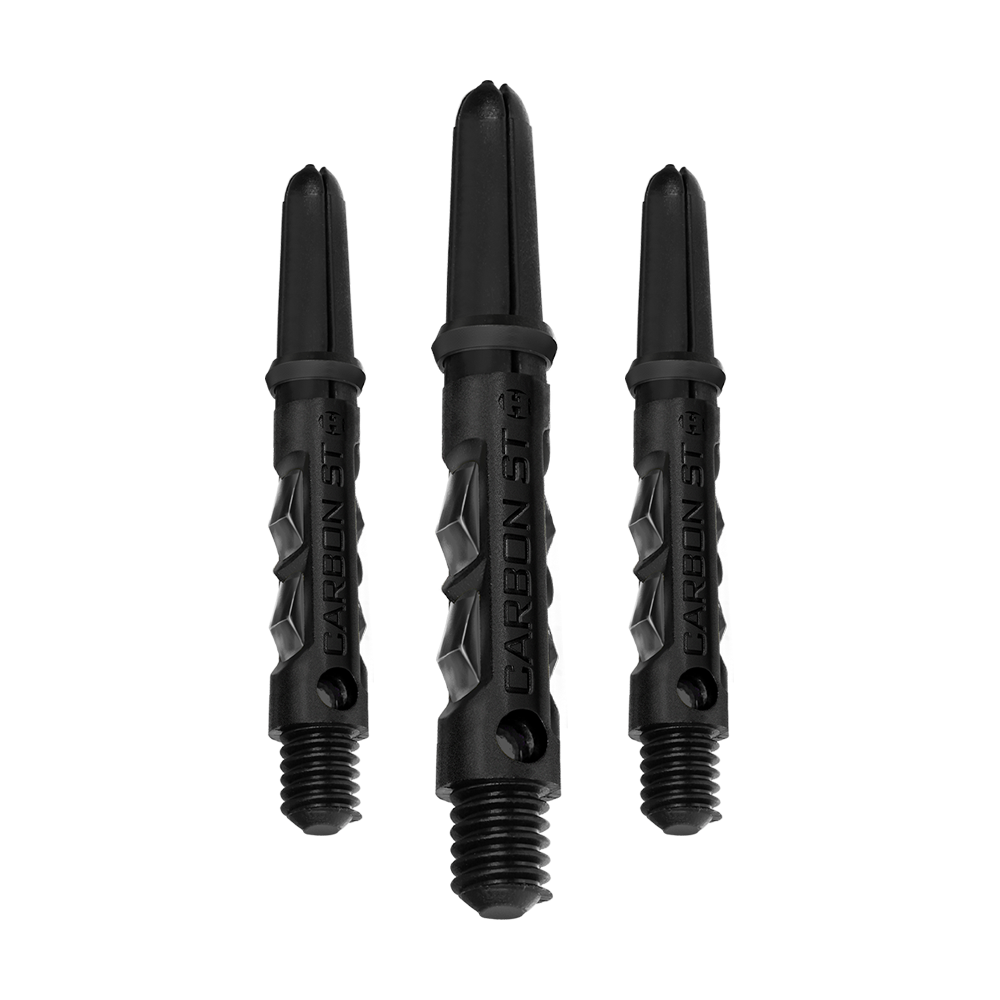 HR434_Harrows_Carbon_ST_Shafts_Schwarz_33mm_1 Das Bild zeigt drei schwarze Harrows Carbon ST Shafts für Dartpfeile. Die Schäfte haben ein modernes, strukturiertes Design und sind unterschiedlich lang.